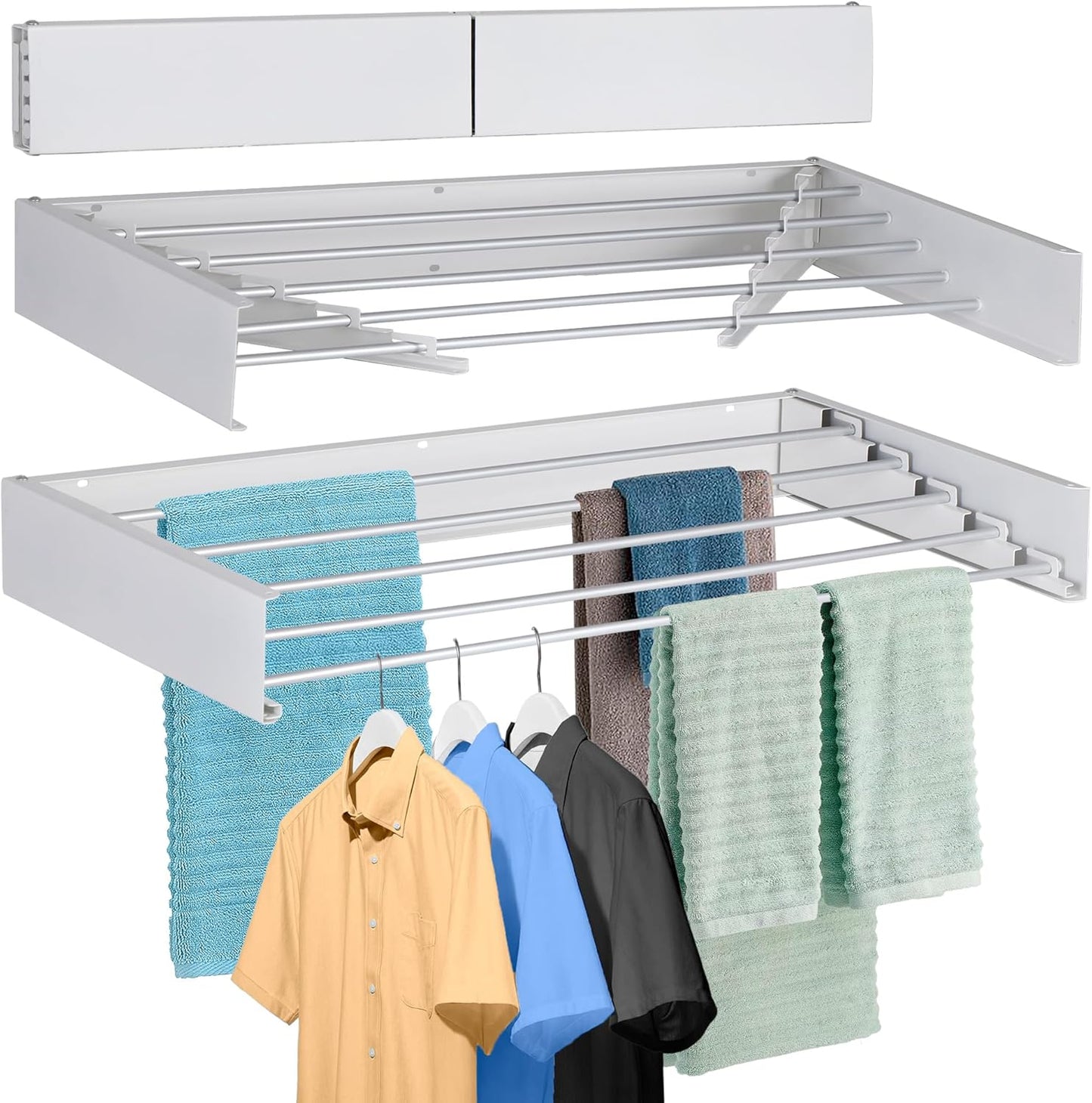 FOCHIER F Laundry Drying Rack Wall Mounted Clothes Drying Rack Collapsible with 5 Aluminum Rods and