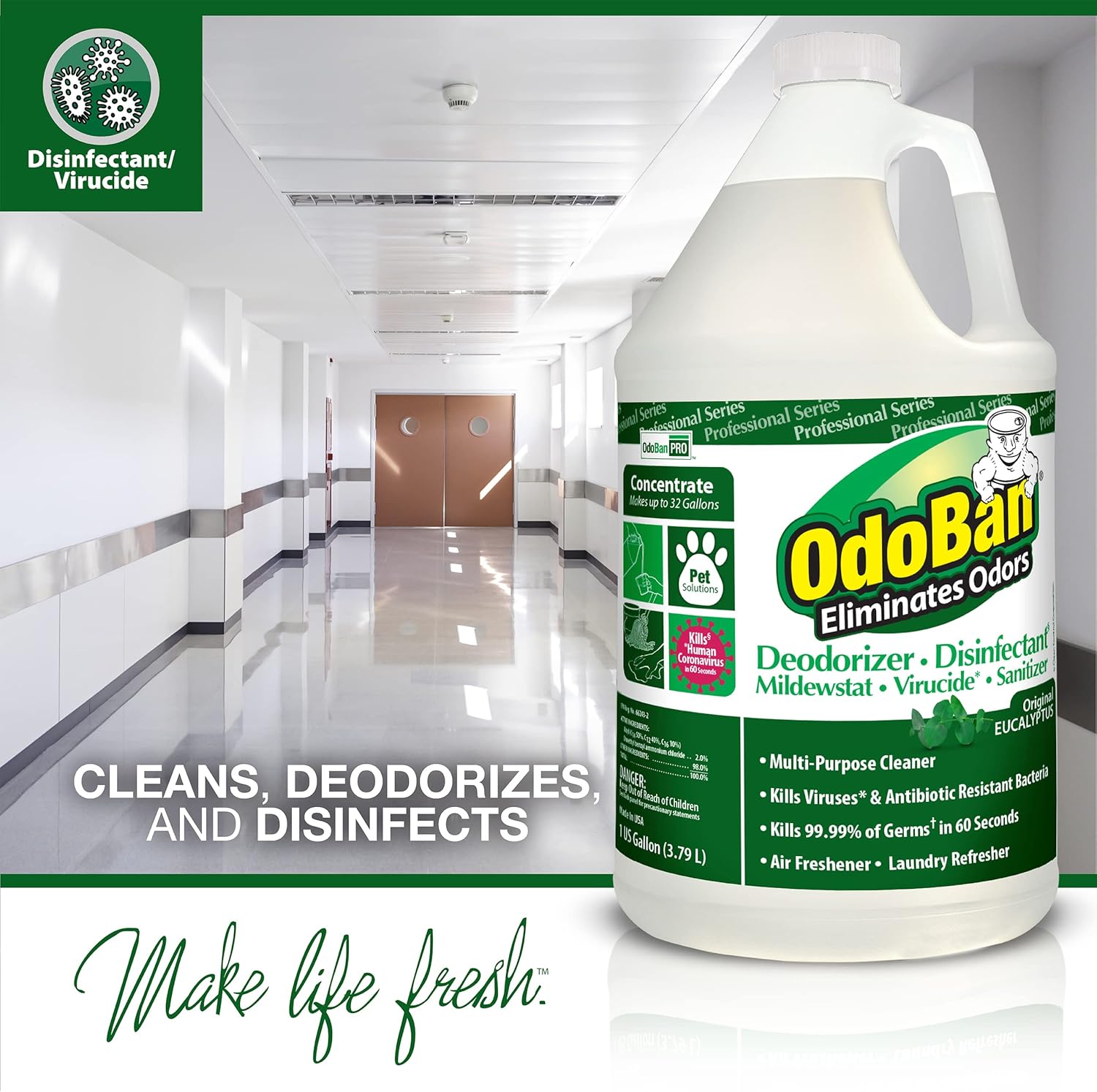 OdoBan Professional Disinfectant and Odor Eliminator Concentrate, 3-Pack, 1 Gallon Each, Original