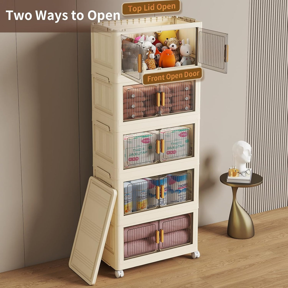 5 Tier Stackable Plastic Storage Bins with Lids 58QT, Collapsible Closet Organizers and Storage