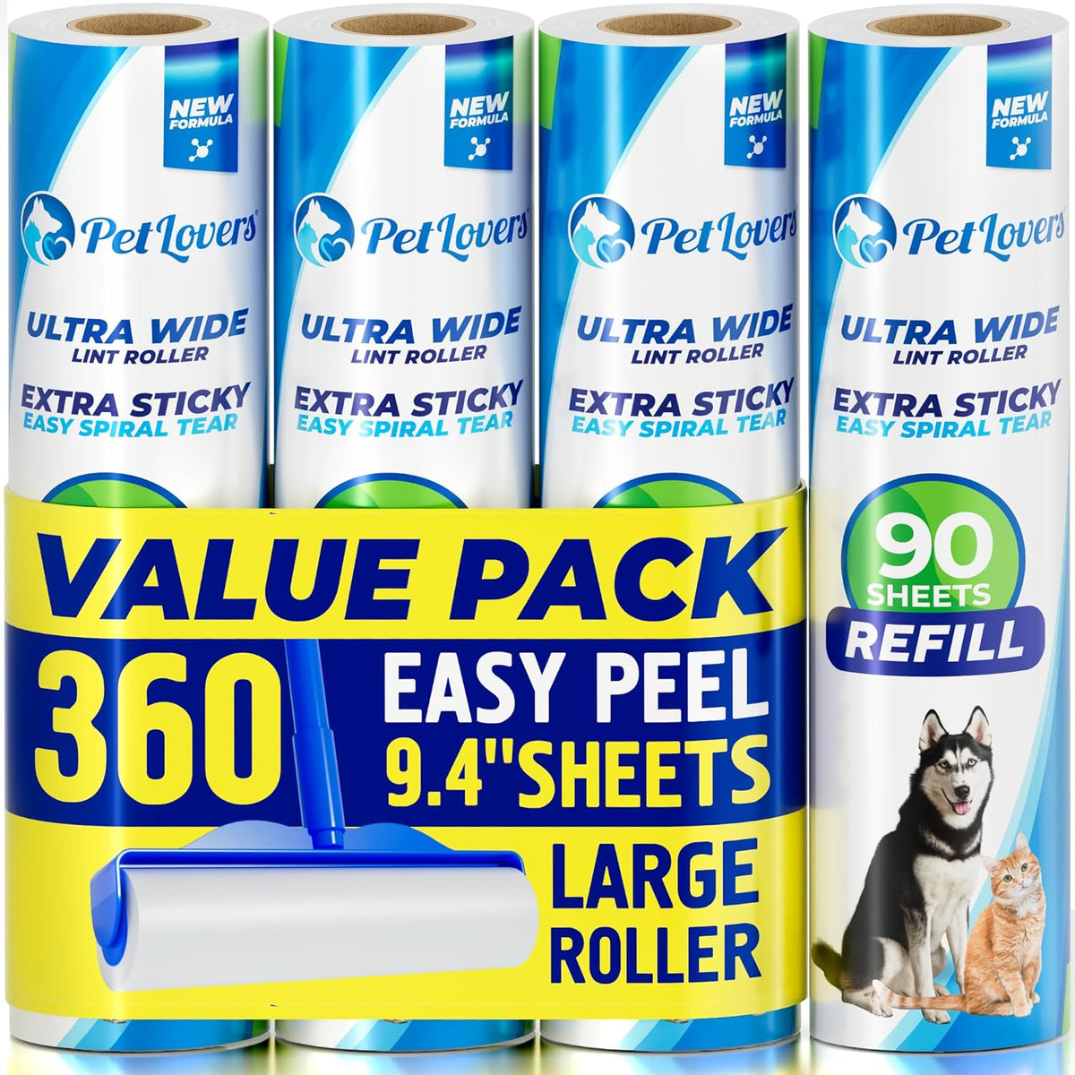 PetLovers Extra Sticky Floor Lint Roller 4 Pack of Refills Only - No Handles Included - 90 Sheets