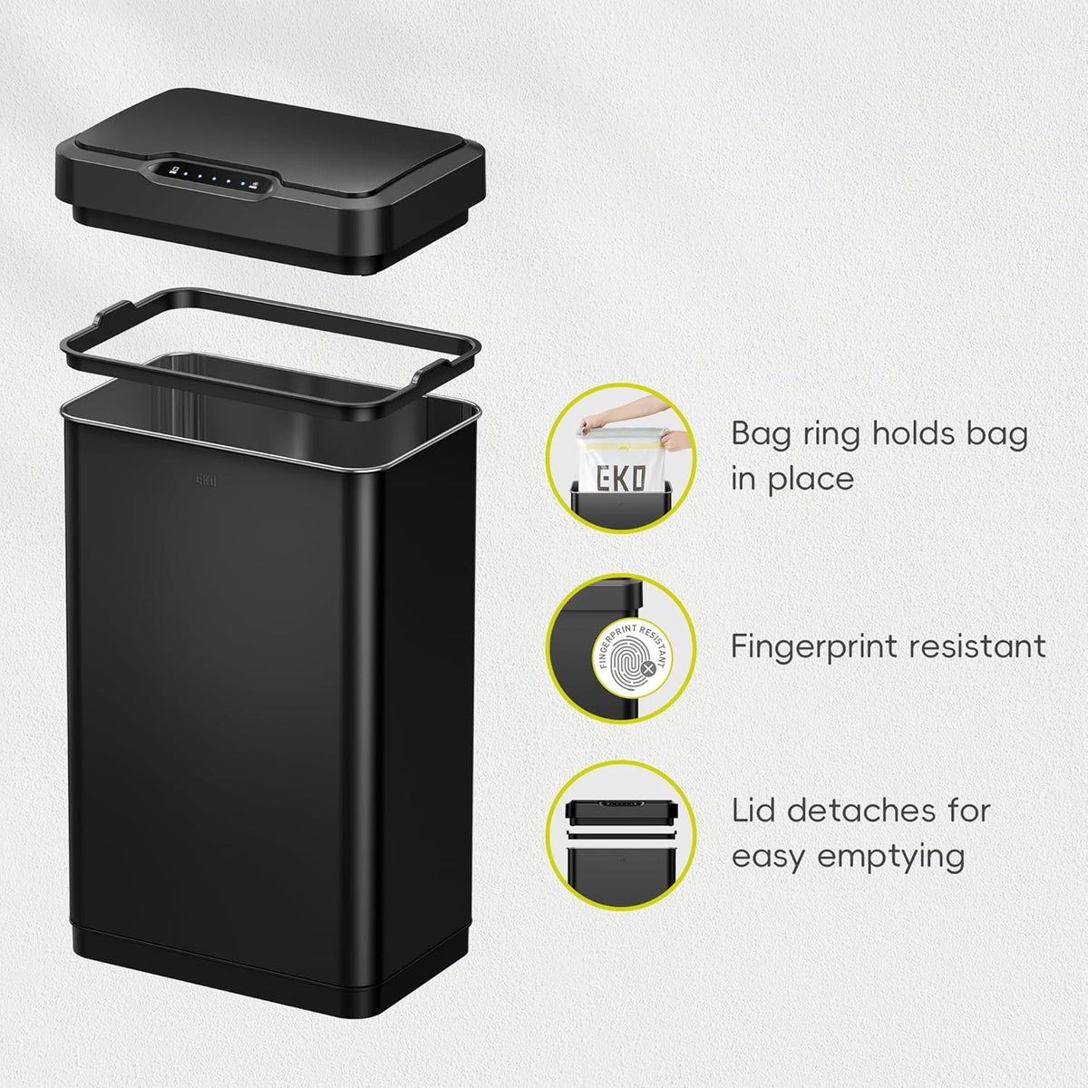 EKO Mirage-T 50 Liter / 13.2 Gallon Touchless Rectangular Motion Sensor Trash Can, Brushed
