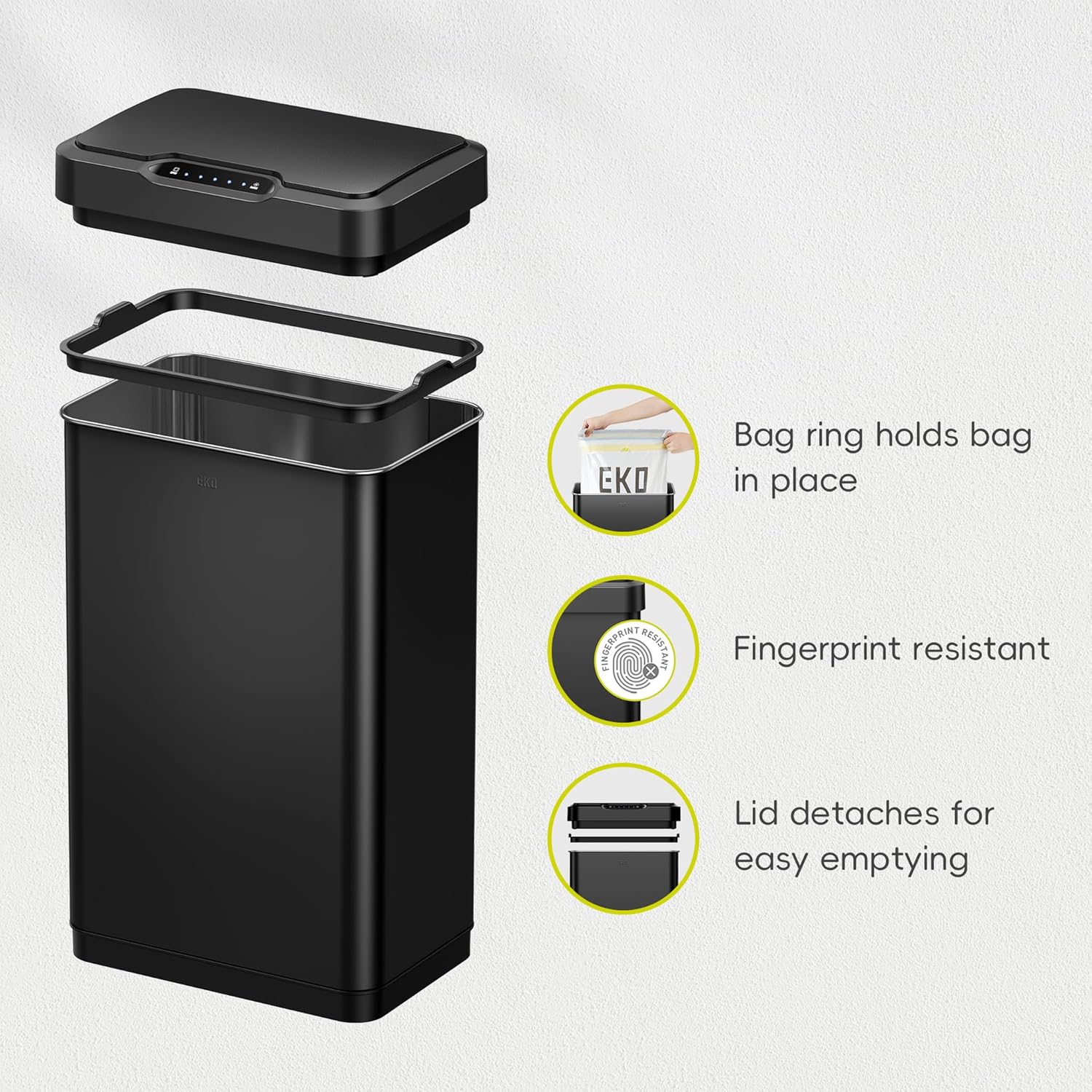 EKO Mirage-T 50 Liter / 13.2 Gallon Touchless Rectangular Motion Sensor Trash Can, Brushed