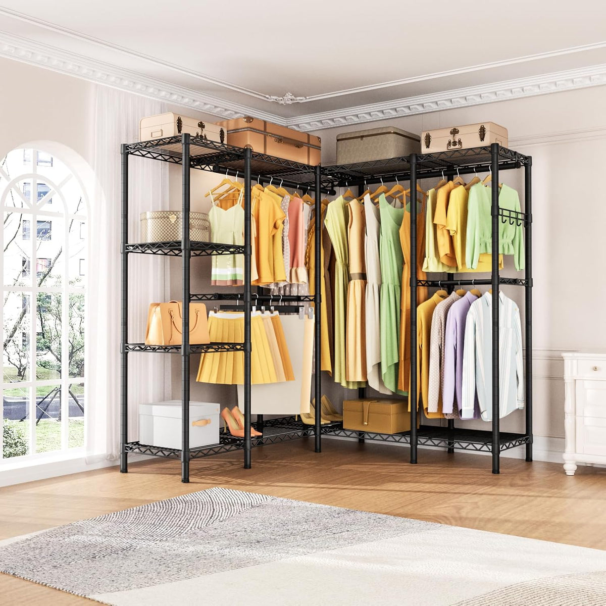 L Shaped Heavy Duty Metal Clothes Rack for Hanging Clothes,Freestanding Garment Rack Closet
