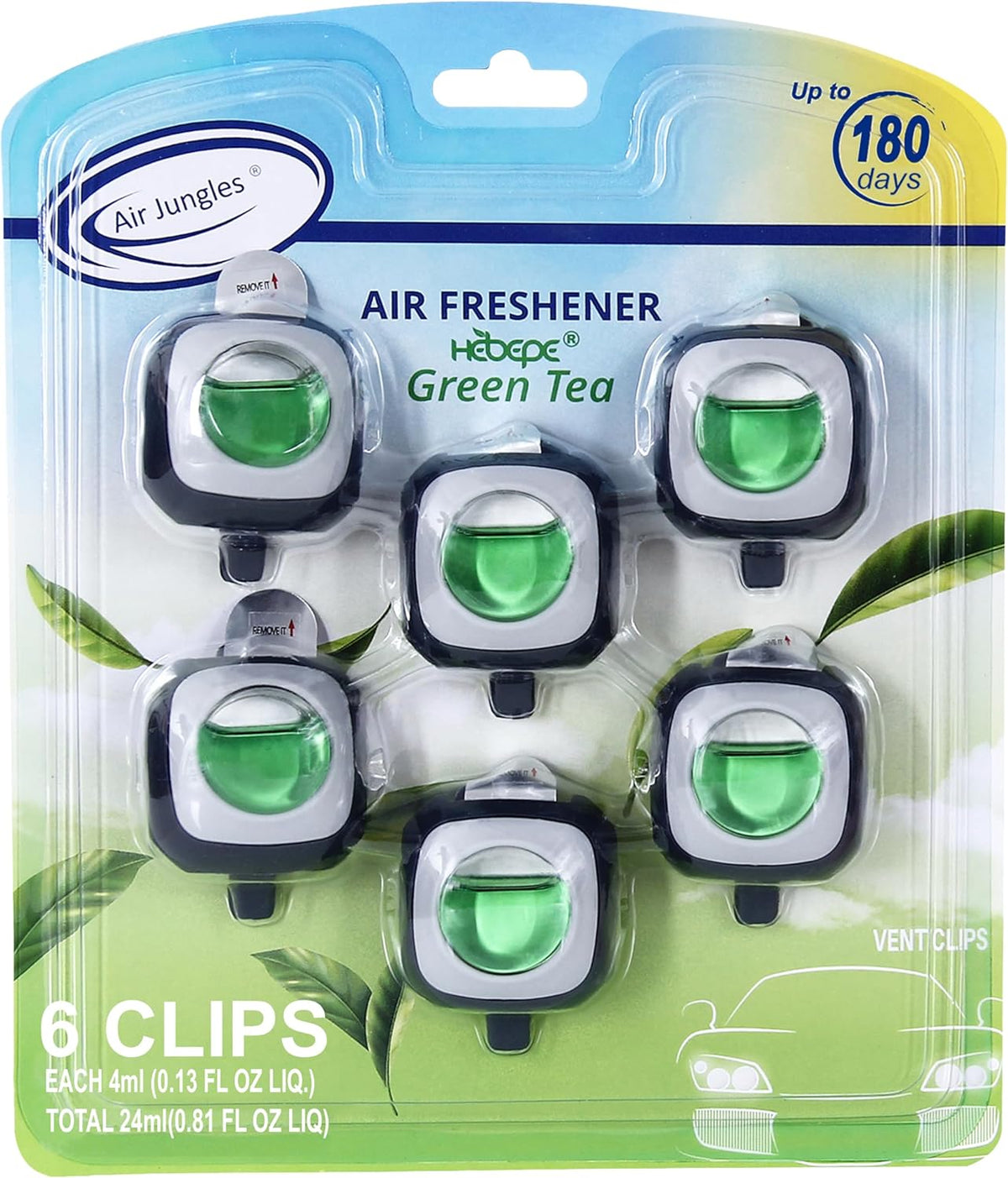 Air Jungles Green Tea Scent Car Air Freshener Clip, 6 Vent Clips, 4ml Each, Long Lasting Air