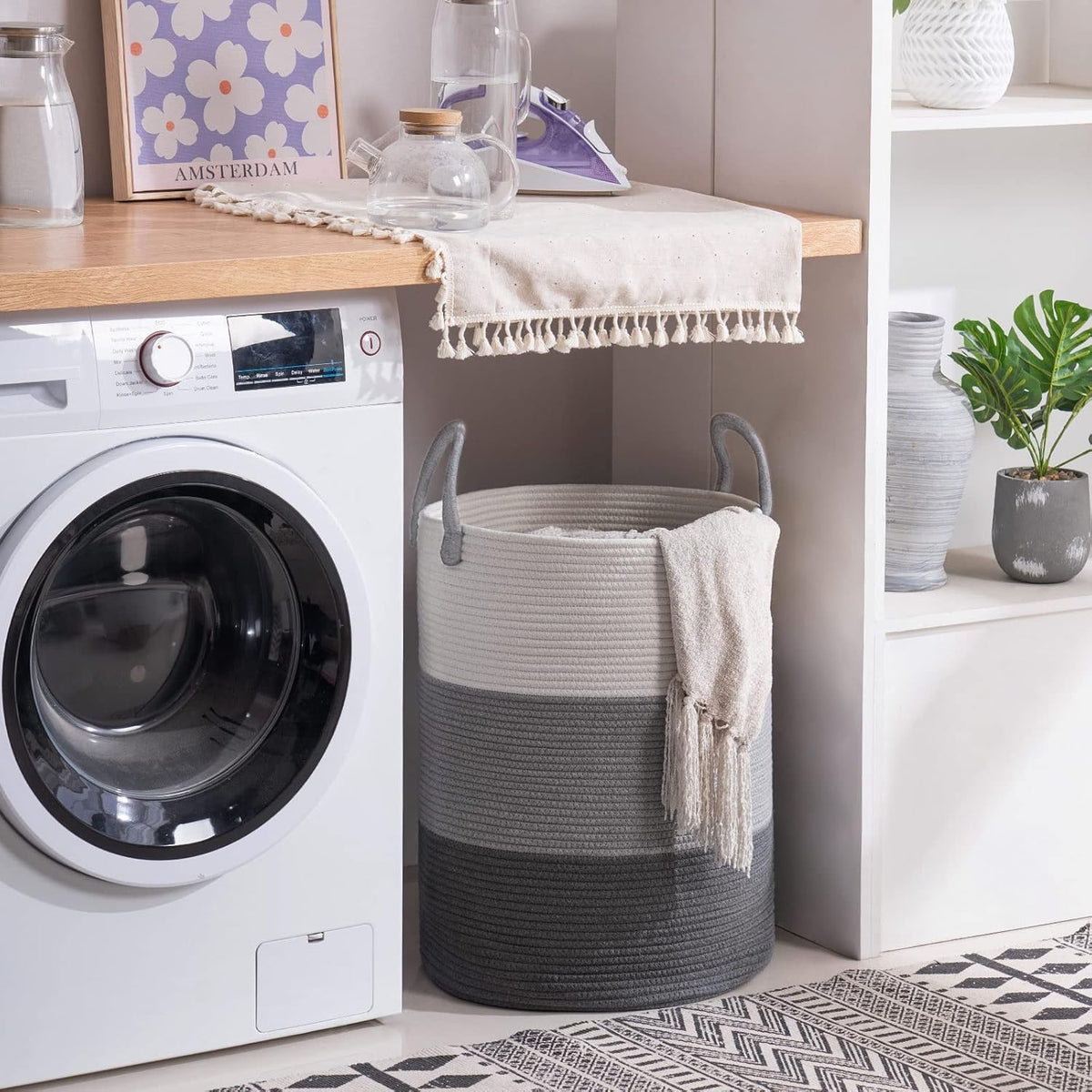 YOUDENOVA Woven Rope Laundry Hamper Basket, 58L Tall Luandry Basket, Baby Nursery Hamper for