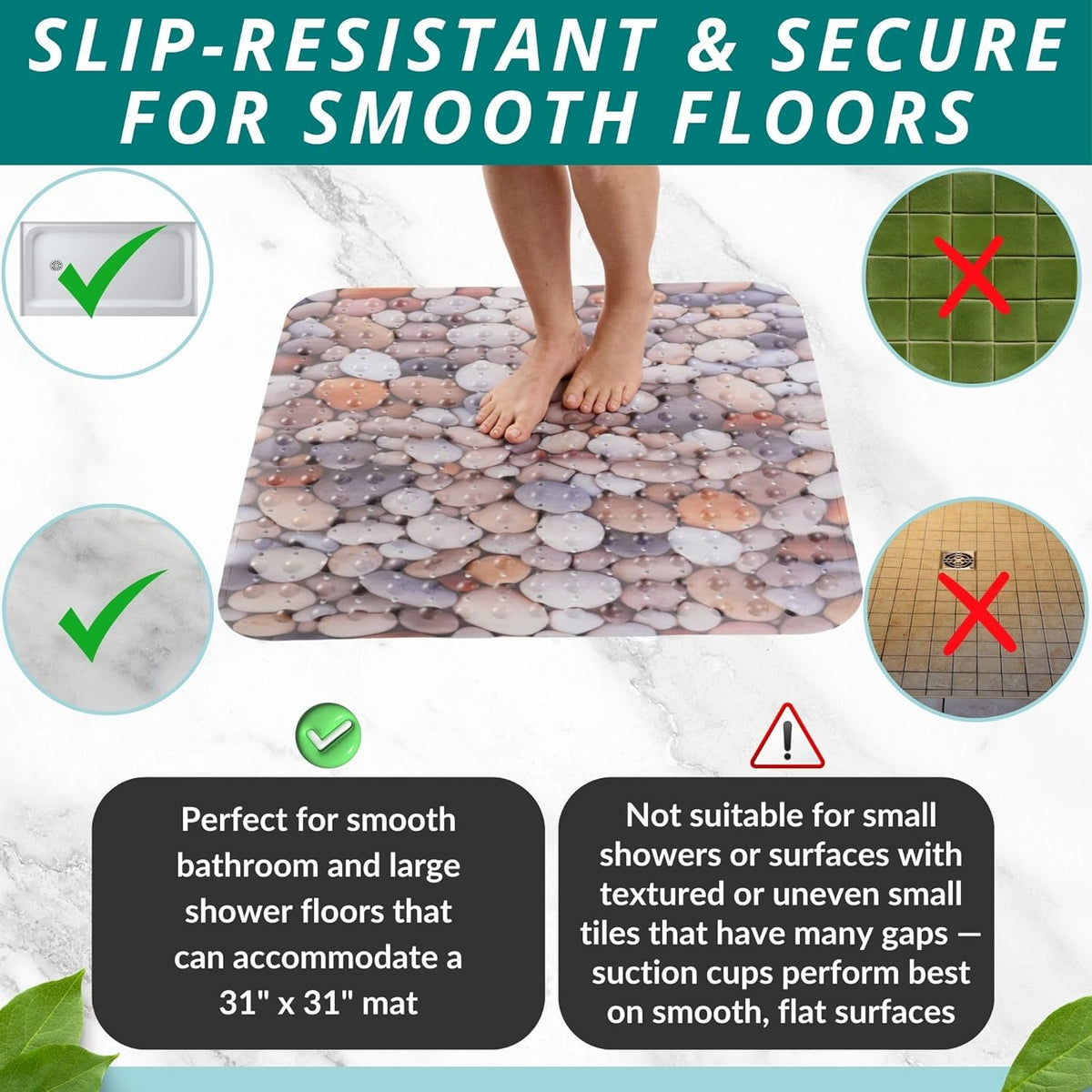 ENKOSI Extra Large Square Non Slip Shower Mat - 31 x 31-inch XL Bathroom Shower Mat - Square Shower