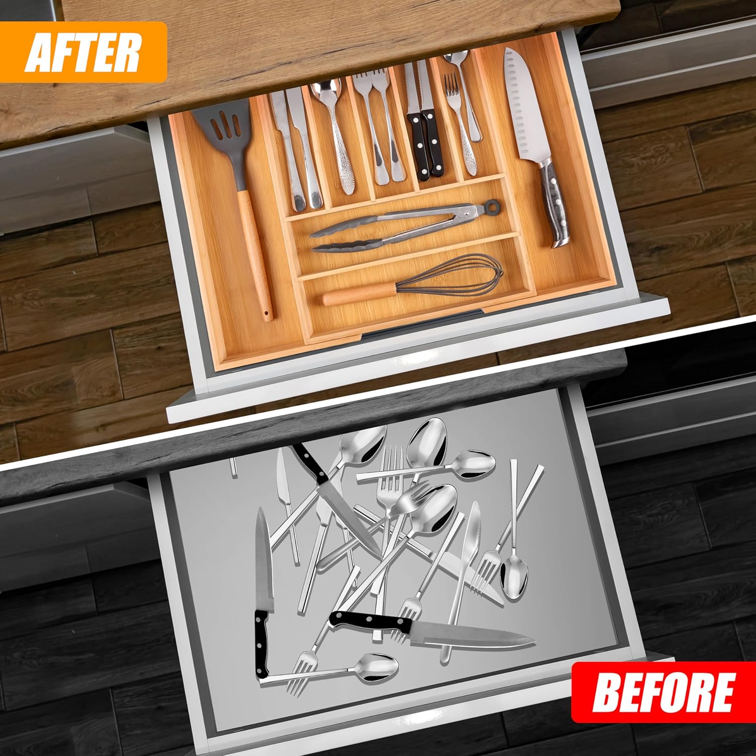 Bellsal Large Premium Bamboo Silverware Organizer - Expandable Utensil Drawer Organizer - 17"x19.6"