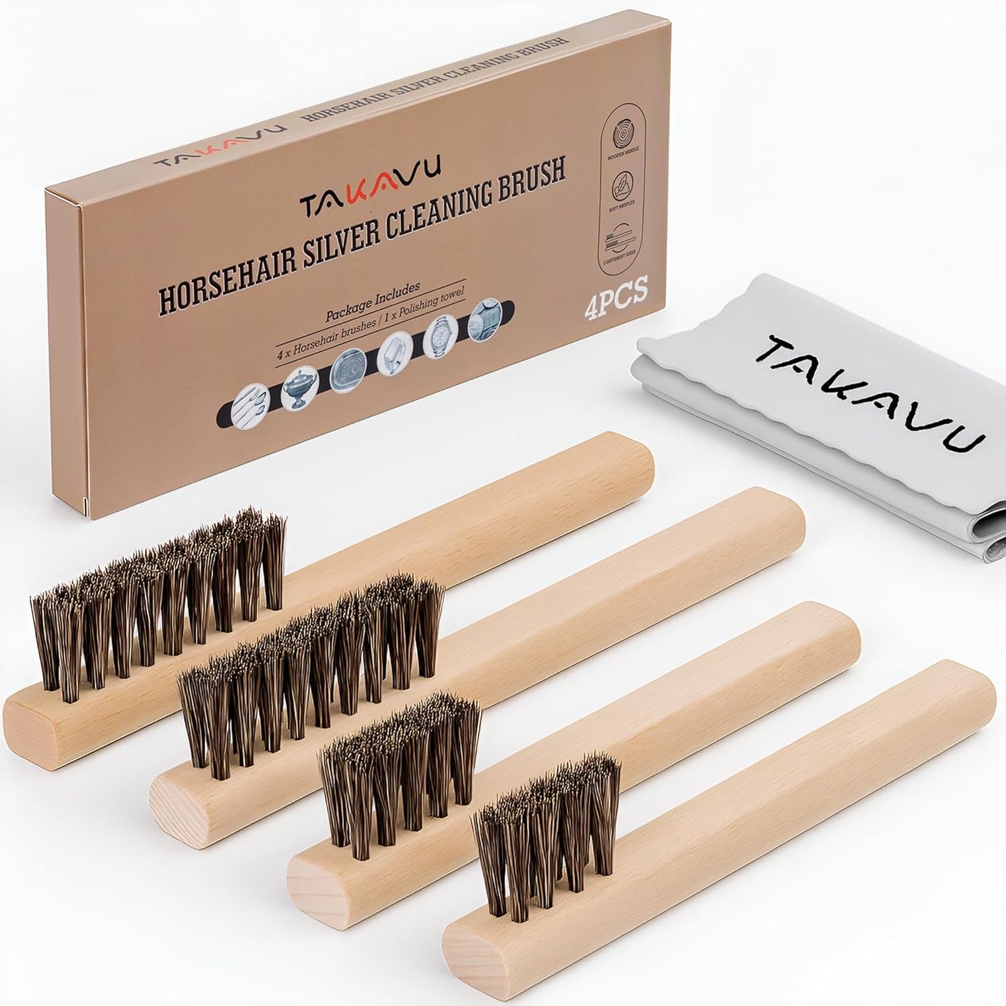 TAKAVU Horsehair Detail Brush Set, Silver Cleaning Brushes & Polish Cloth for Silverware Plateware