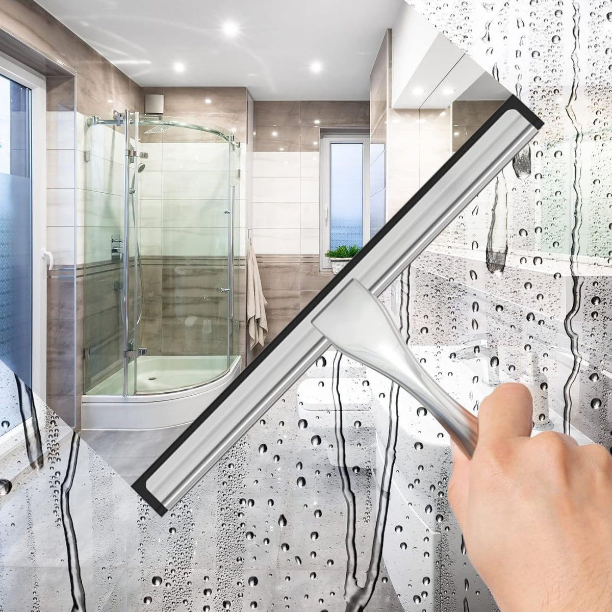 All-Purpose Stainless Steel Shower Squeegee for Shower Doors with 2 Adhesive Hooks, Bathroom