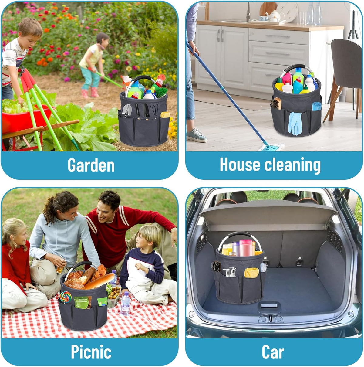 Qivine 17L Cleaning Caddy with Handle, Cleaning Supply Caddy Foldable Tool Bag Cleaning Products