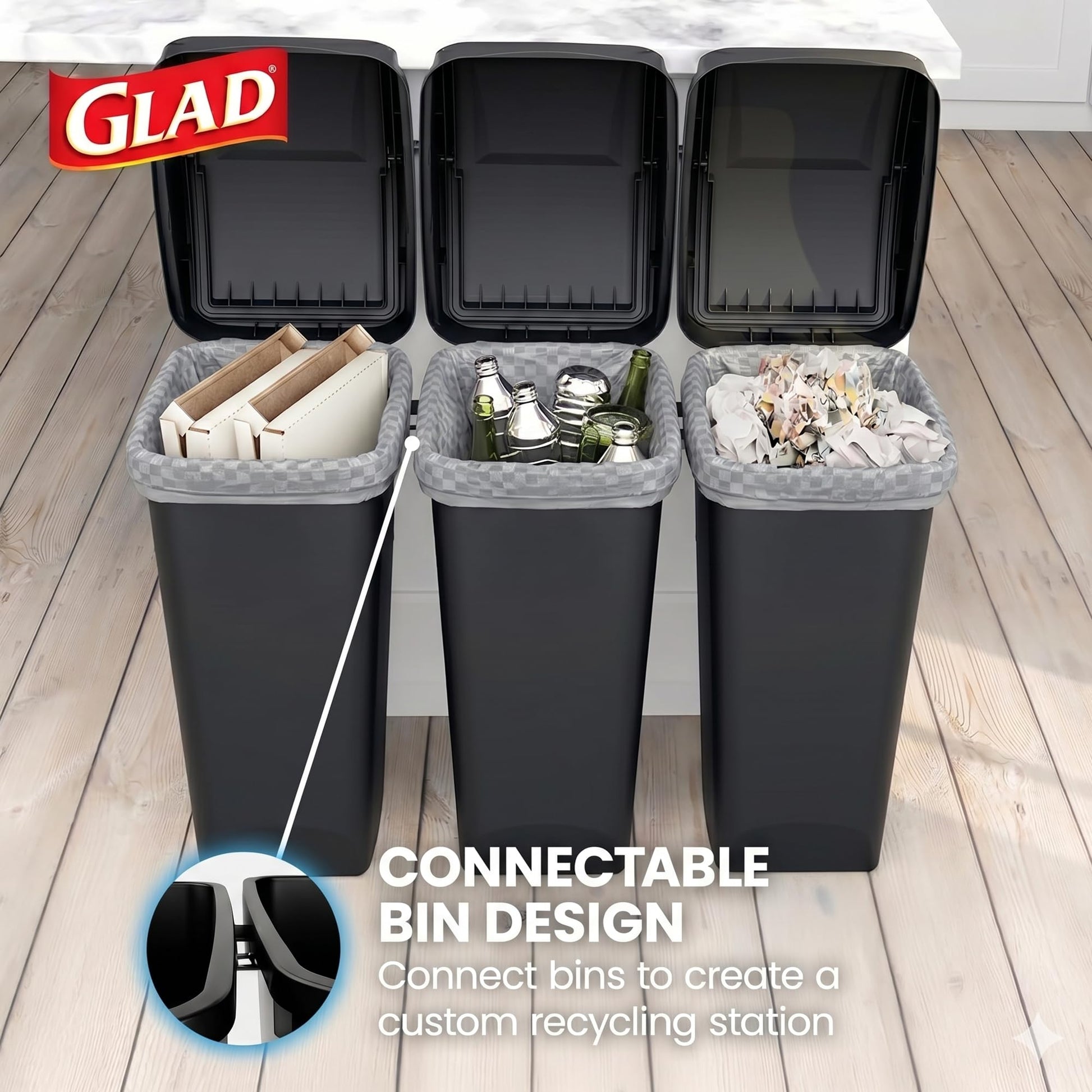 Glad Trash Can with Clorox Odor Protection | Linkable, 12 Gallon, Black