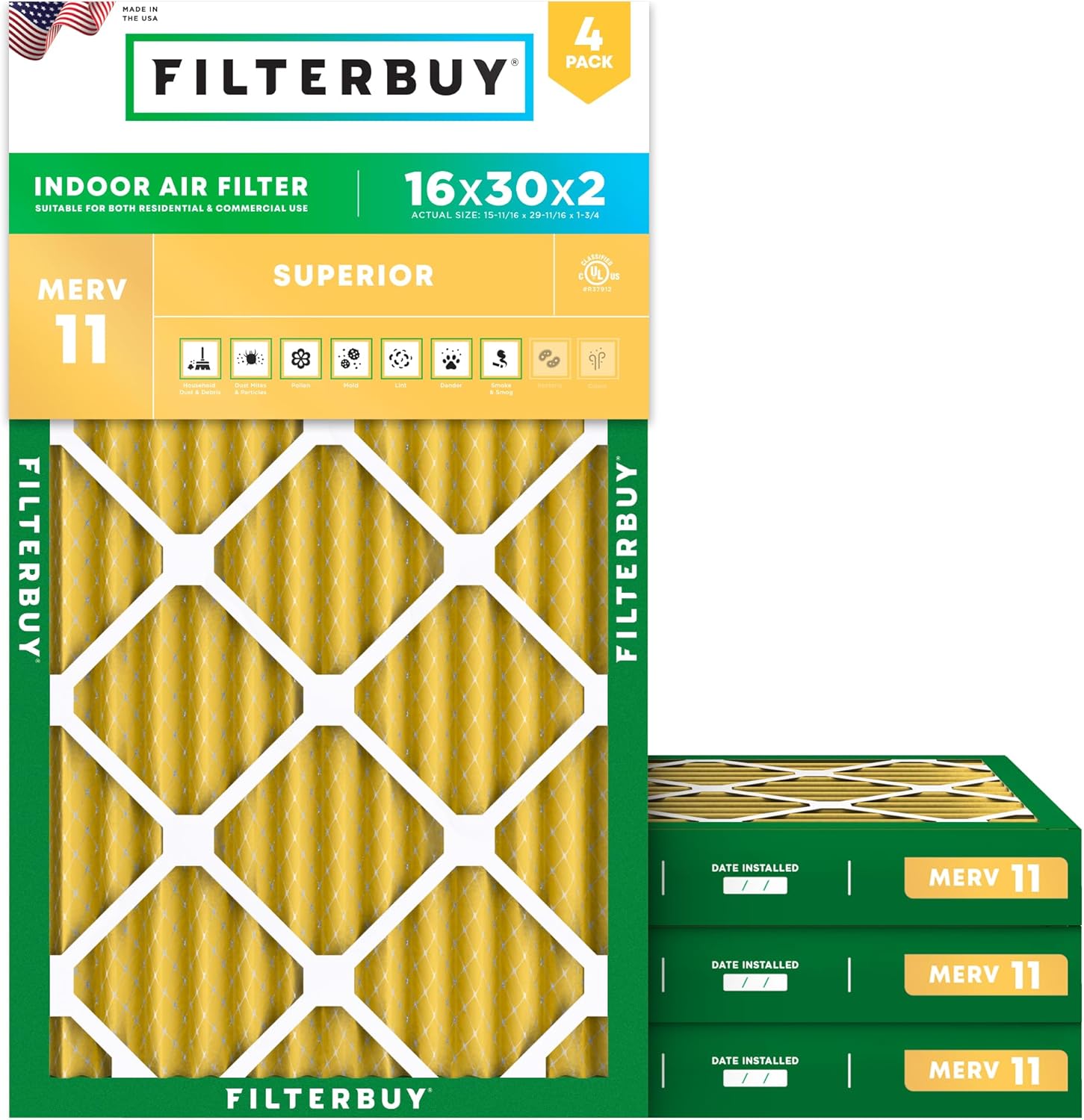 Filterbuy 16x30x2 Air Filter MERV 11 (MPR 1200) Allergen Defense Replacement (4-Pack)