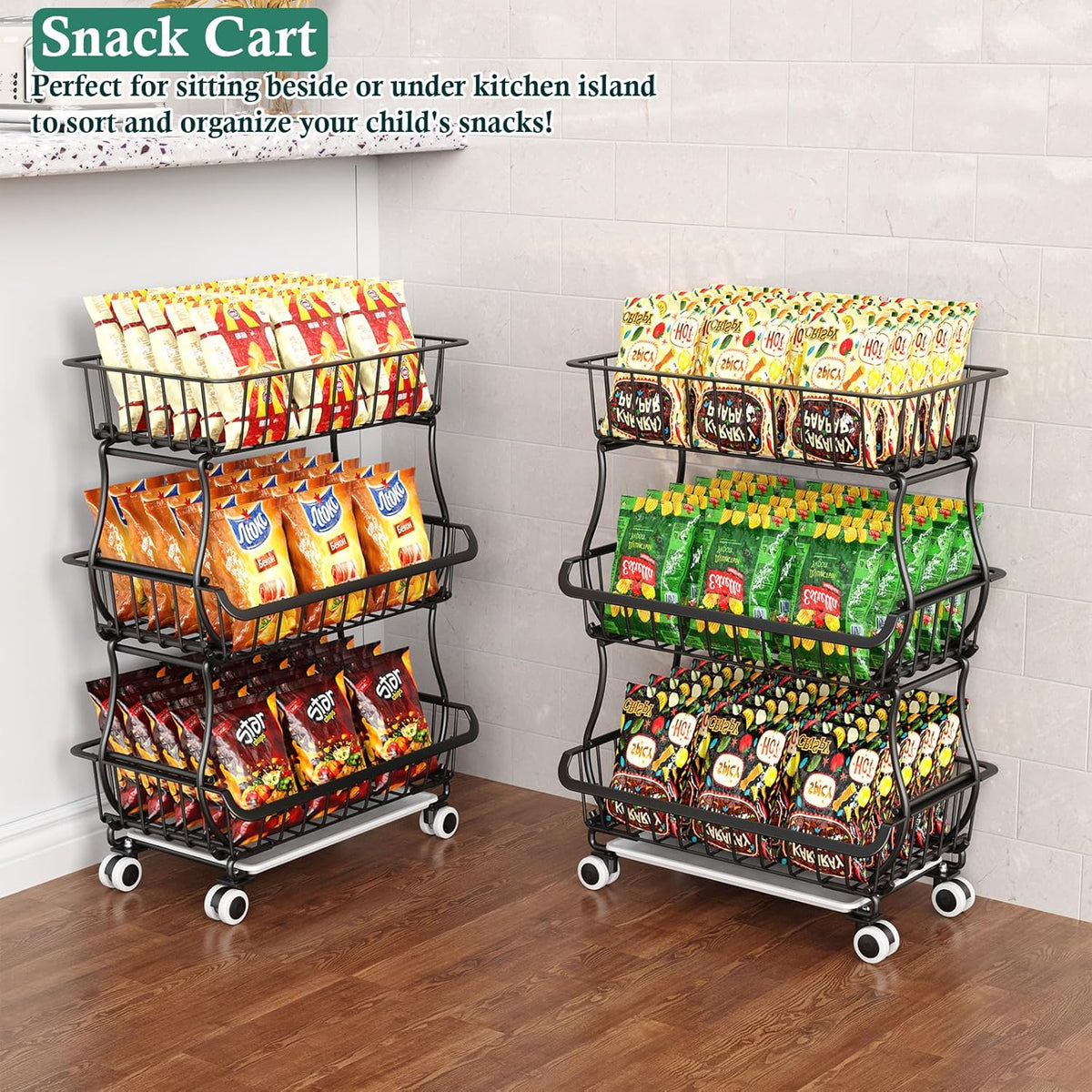 3-Tier Rolling Pantry Floor Organizer and Storage Cart with Wheels, Stackable Wire Pantry Baskets