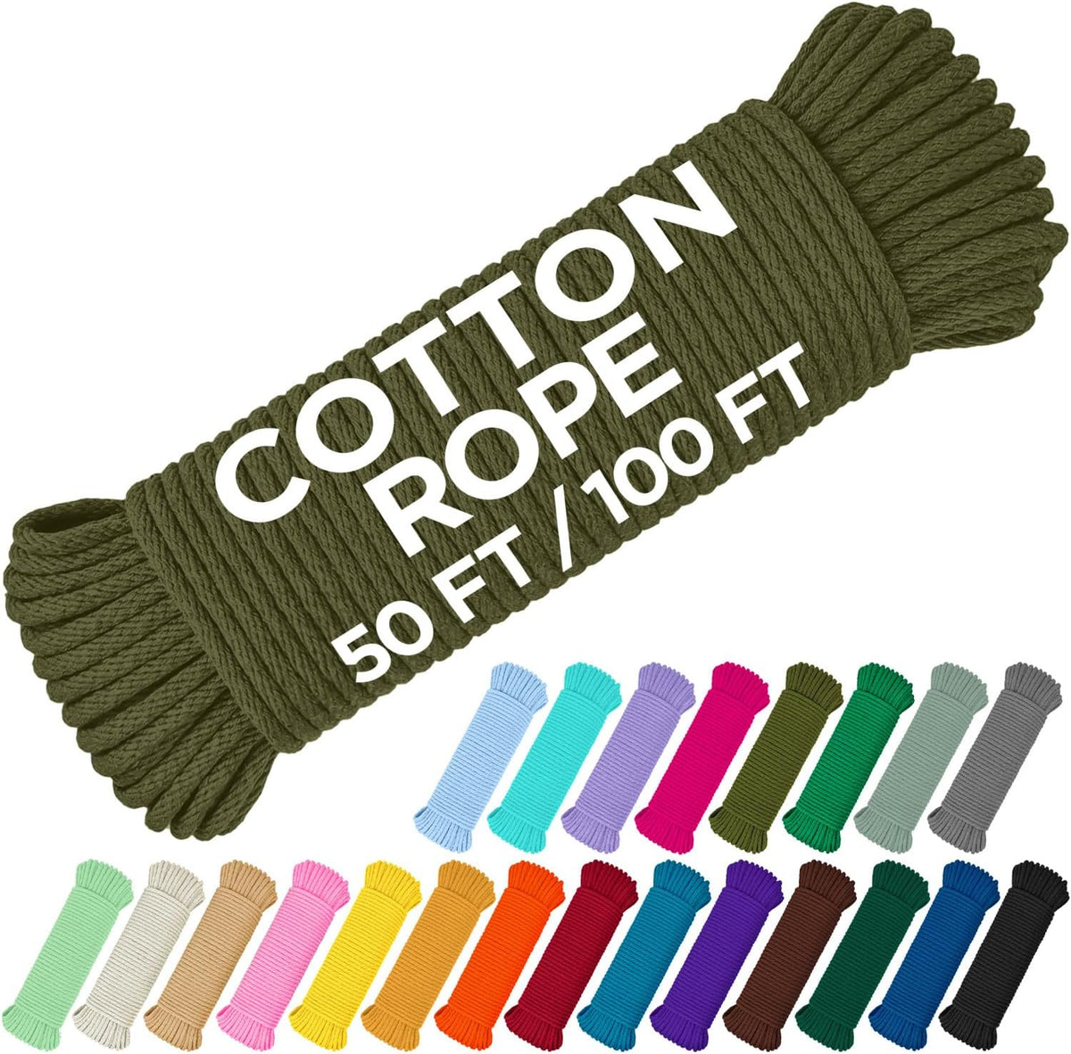 TECEUM Cotton Rope 3/16” (5 mm) – 100 FT – Strong All-Purpose Braided Rope – Natural Cotton – for