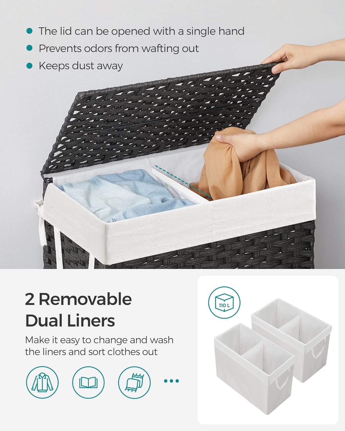 SONGMICS Laundry Hamper with Lid, 110L Clothes Hamper with 2 Removable Liner Bags, 6 Mesh Bags