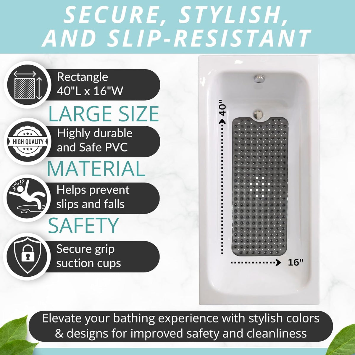 ENKOSI Bath Mat - Large Non Slip Bathtub & Shower Mat - Extra Long 40 x 16 Inch Bathroom Mats for