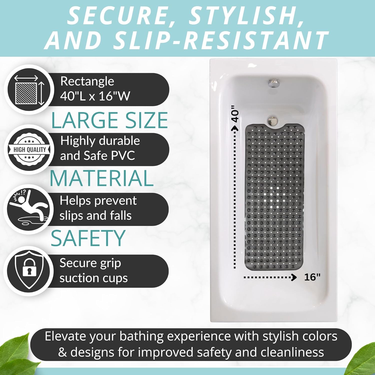 ENKOSI Bath Mat - Large Non Slip Bathtub & Shower Mat - Extra Long 40 x 16 Inch Bathroom Mats for