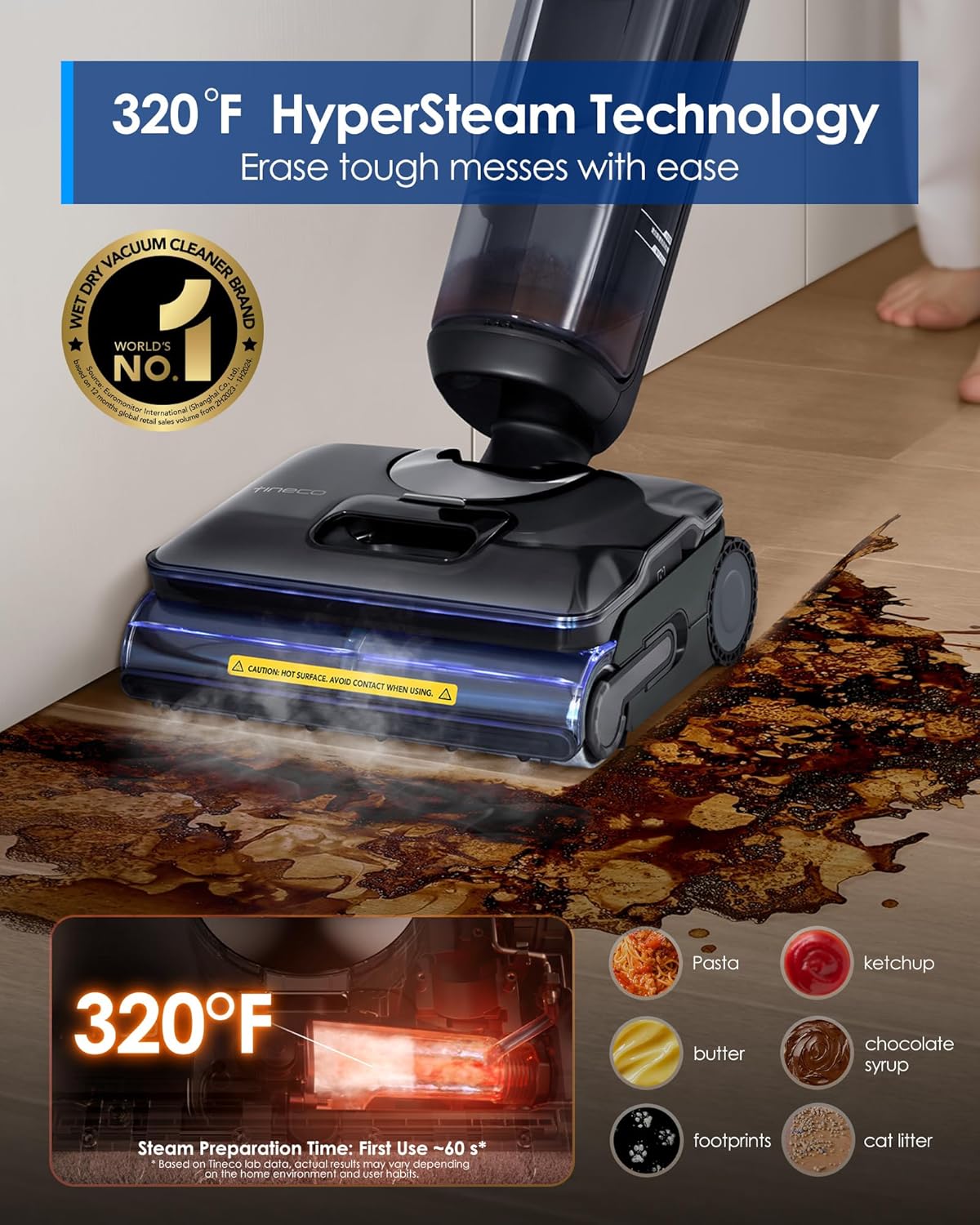 Tineco Floor One S7 Stretch Steam Cordless Wet Dry Vacuum Steam Mop All-in-One, 320℉ HyperSteam