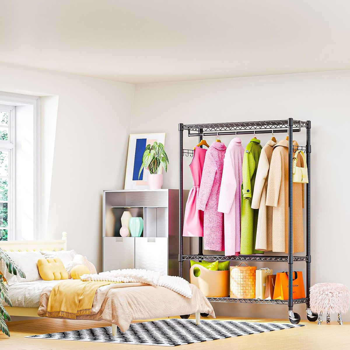 Heavy Duty Rolling Garment Rack 3 Tiers Adjustable Wire Shelving Clothes Rack with 1 Rods and Side