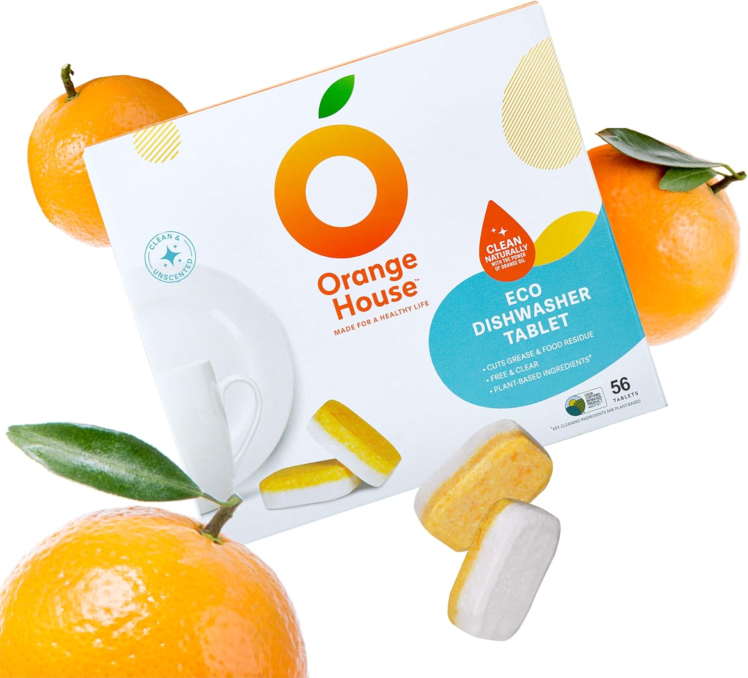 Orange House Plant Based Dishwasher Tabs 56 Count | 100% Food Grade Orange Oil, Deep Clean