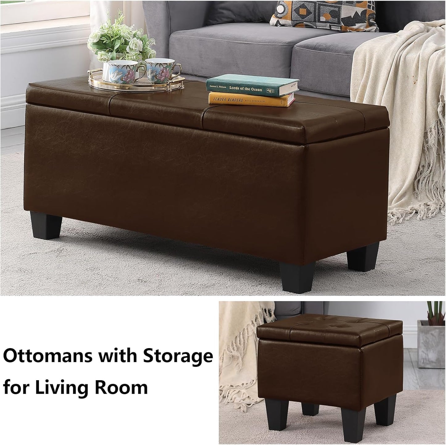 Ottoman with Storage Set of 3, 38'' Button Tufted Storage Ottoman with 2 Stools, Easy Open & Close