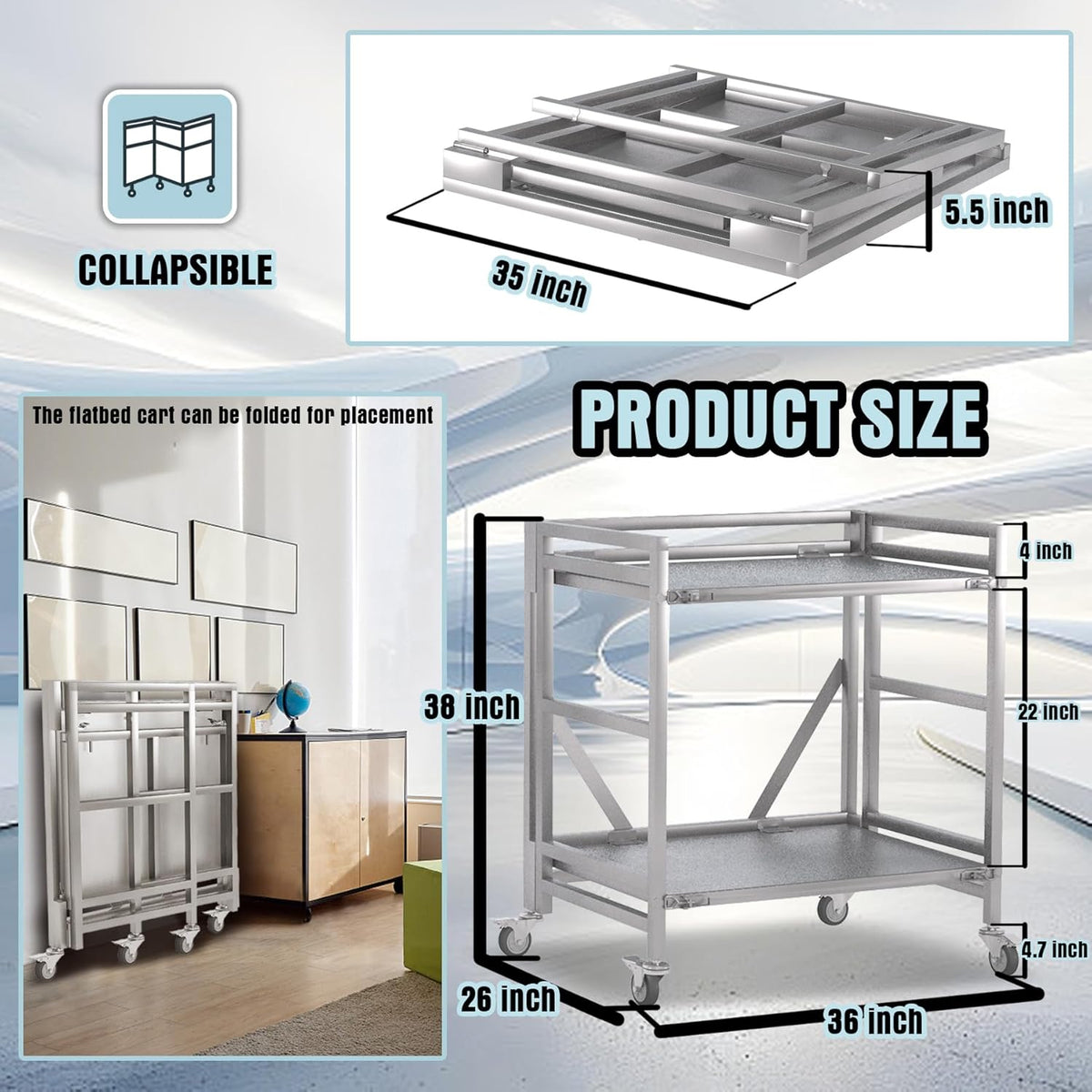 2 Shelf Rolling Cart with Wheels, 660lbs Capacity Collapsible Steel Rolling Utility Cart