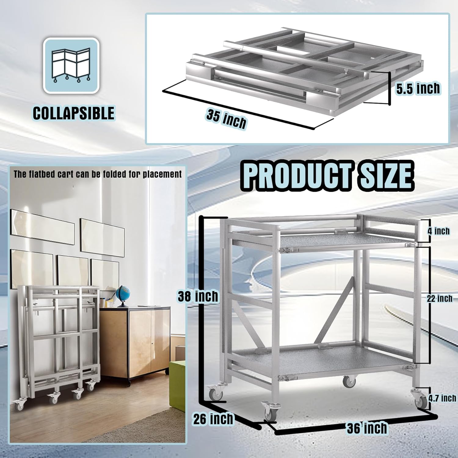 2 Shelf Rolling Cart with Wheels, 660lbs Capacity Collapsible Steel Rolling Utility Cart