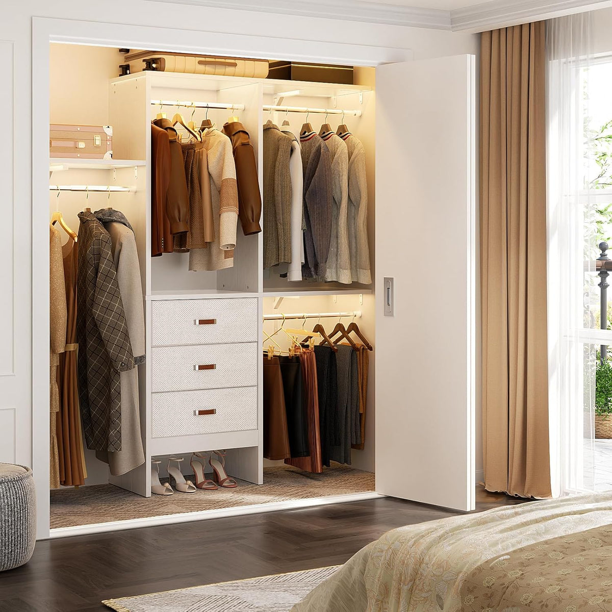 Armocity 5FT Small Closet System with 3 Fabric Drawers, 60 Inches Walk In Closet Organizer System