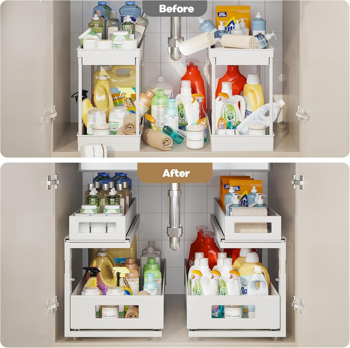 2 Pack 21.3IN-Depth Under Sink Organizer With Next-Gen Ball-Bearing Slides,2-Tier Pull Out Cabinet