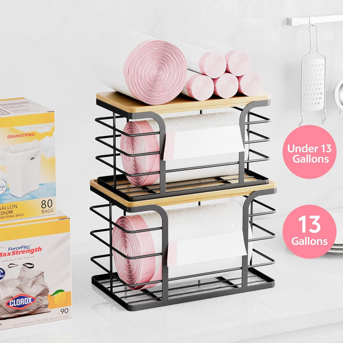 2 Pack Stackable Storage for Kitchen Laundry Pantry Organizers,Trash Bag Holder with Bamboo