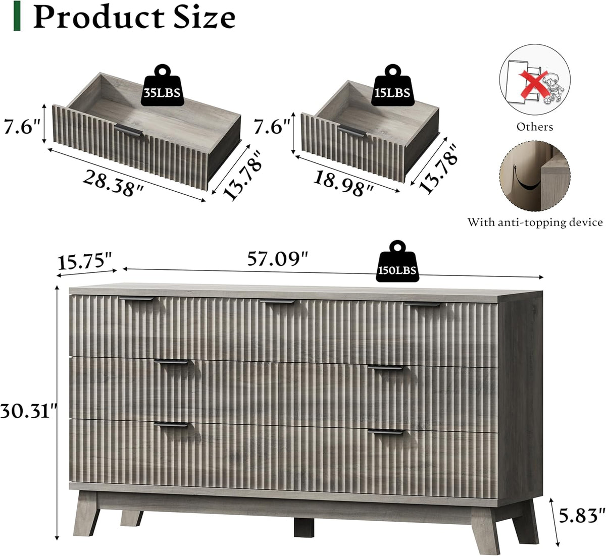 Fluted Dresser with 7 Drawers, 58" Wide Modern Chest of Drawers with Metal Handle, Wooden Dresser