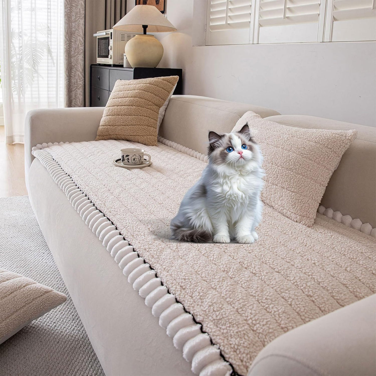 OTOB Sofa Covers for 3 Cushion Couch Washable, All Seasons Fuzzy Non Slip Kids & Pet Friendly Dog