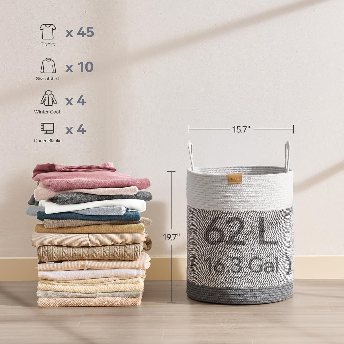 Laundry Hamper 62L,Large Laundry Basket for Clothes,Decorative Storage Basket for Blankets,Cotton
