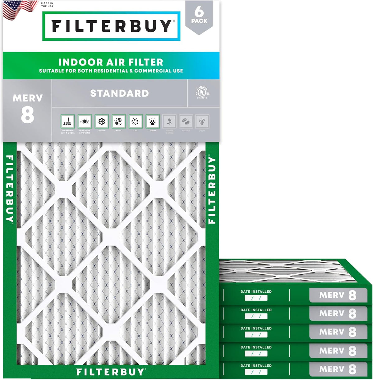 Filterbuy 20x32x1 Air Filter MERV 8 (MPR 700) Dust Defense Replacement (6-Pack), Electrostatic