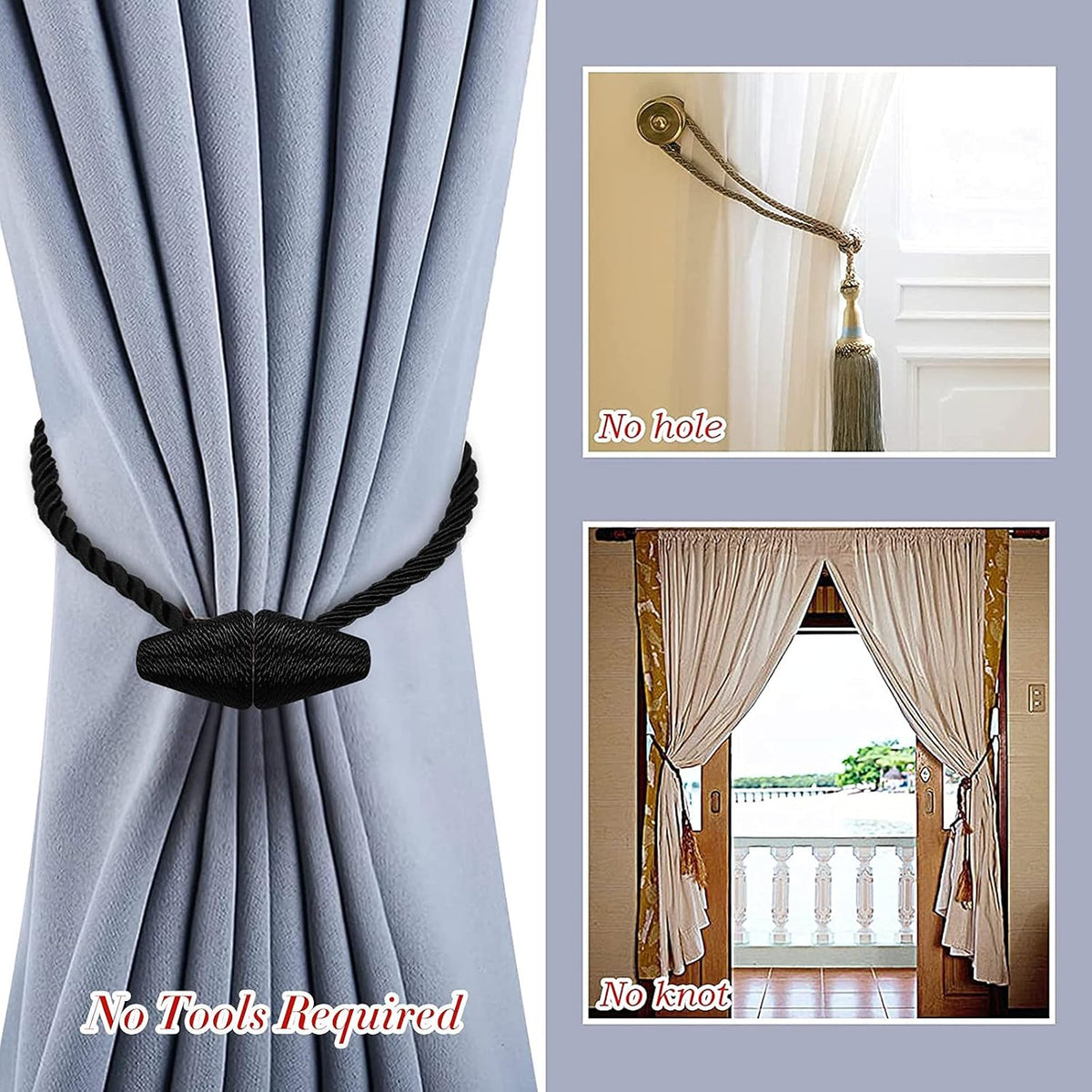 Hion Magnetic Curtain Tiebacks Black 2pcs, Curtain Tiebacks Buckles Holdbacks Holders Hooks Clip