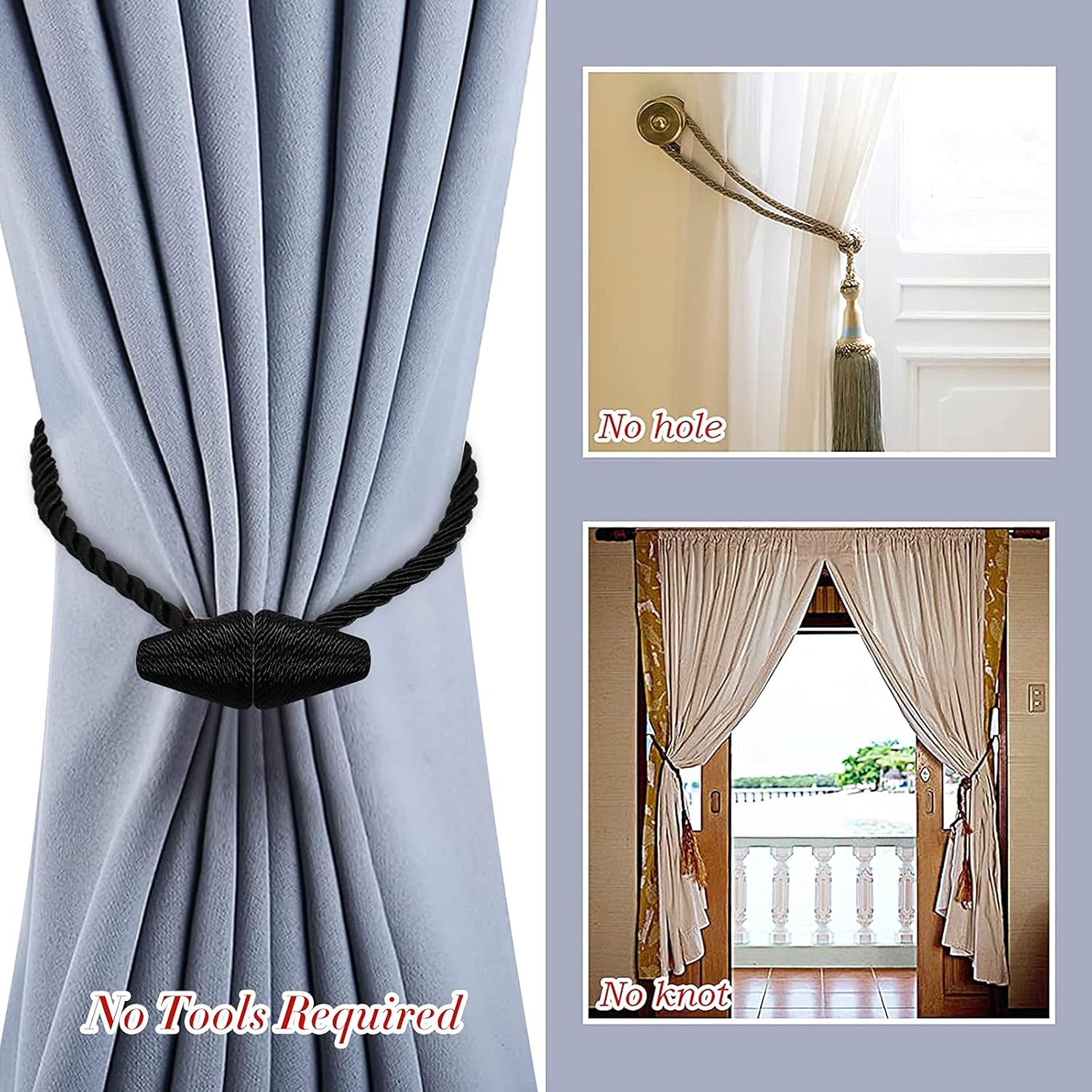Hion Magnetic Curtain Tiebacks Black 2pcs, Curtain Tiebacks Buckles Holdbacks Holders Hooks Clip