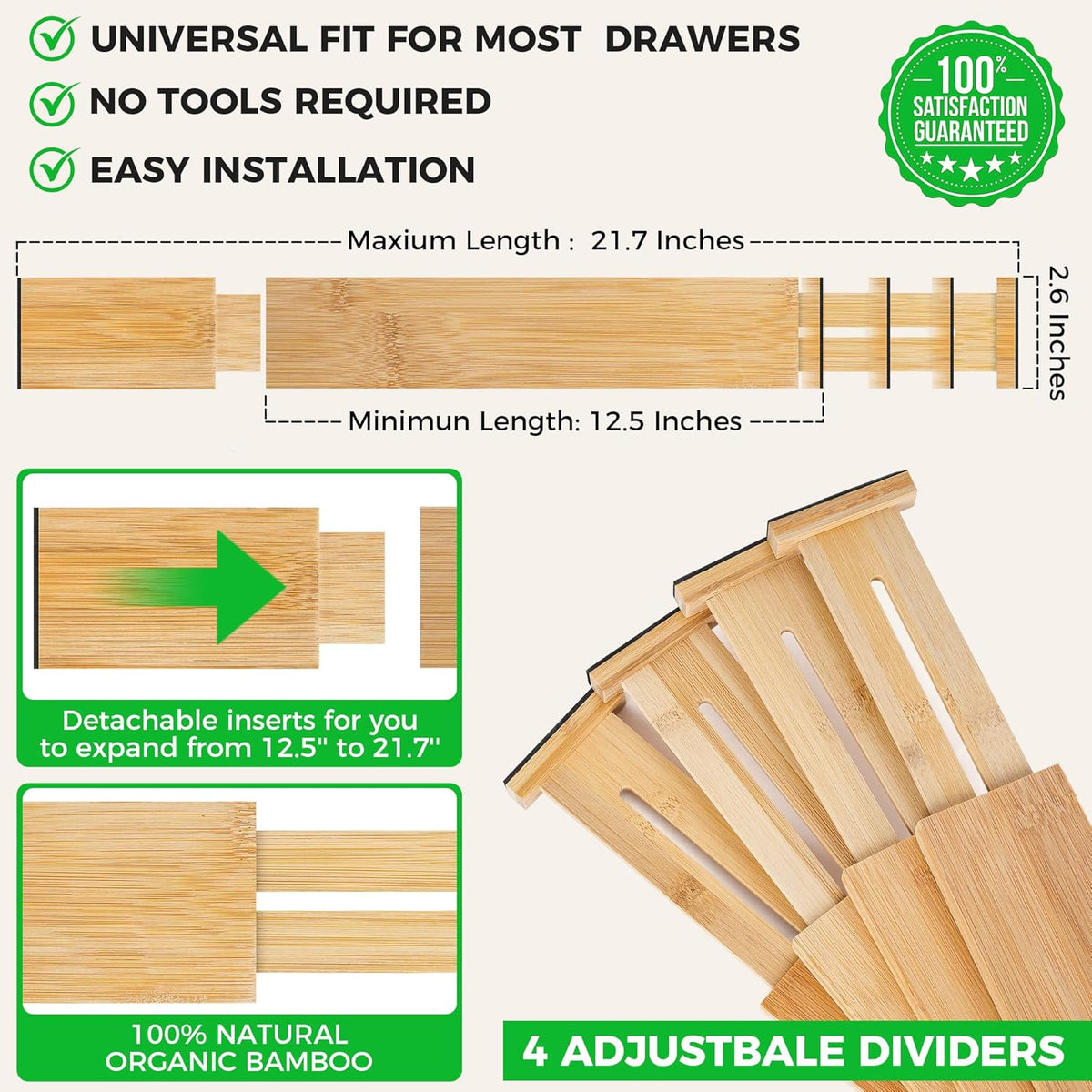 Bamboo Drawer Dividers Organizer with Inserts, Expandable from 12.5-21.7", Adjustable Drawer