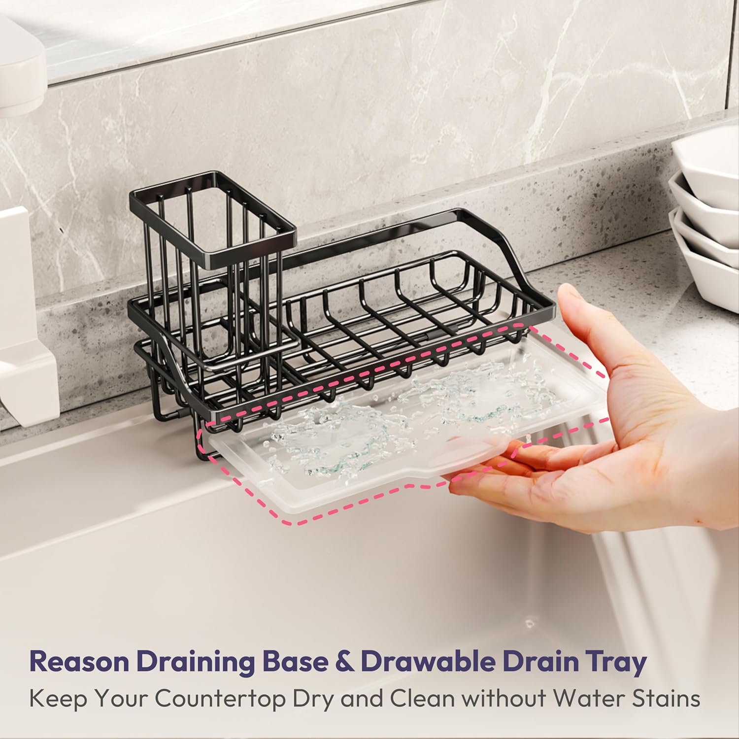 SWTYMIKI Sink Caddy Sponge Holder - Kitchen Sink Organizer with High Brush Holder for Countertop to