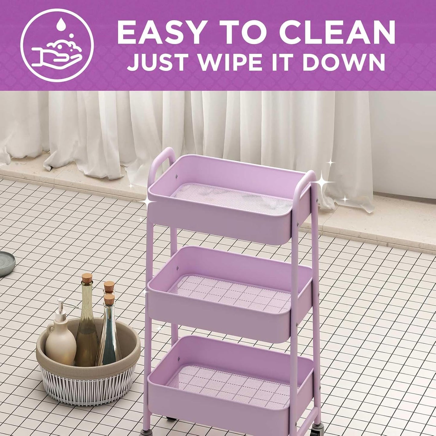 AGTEK Makeup Cart, Movable Rolling Organizer Cart, 3 Tier Metal Utility Cart with Lockable Wheels