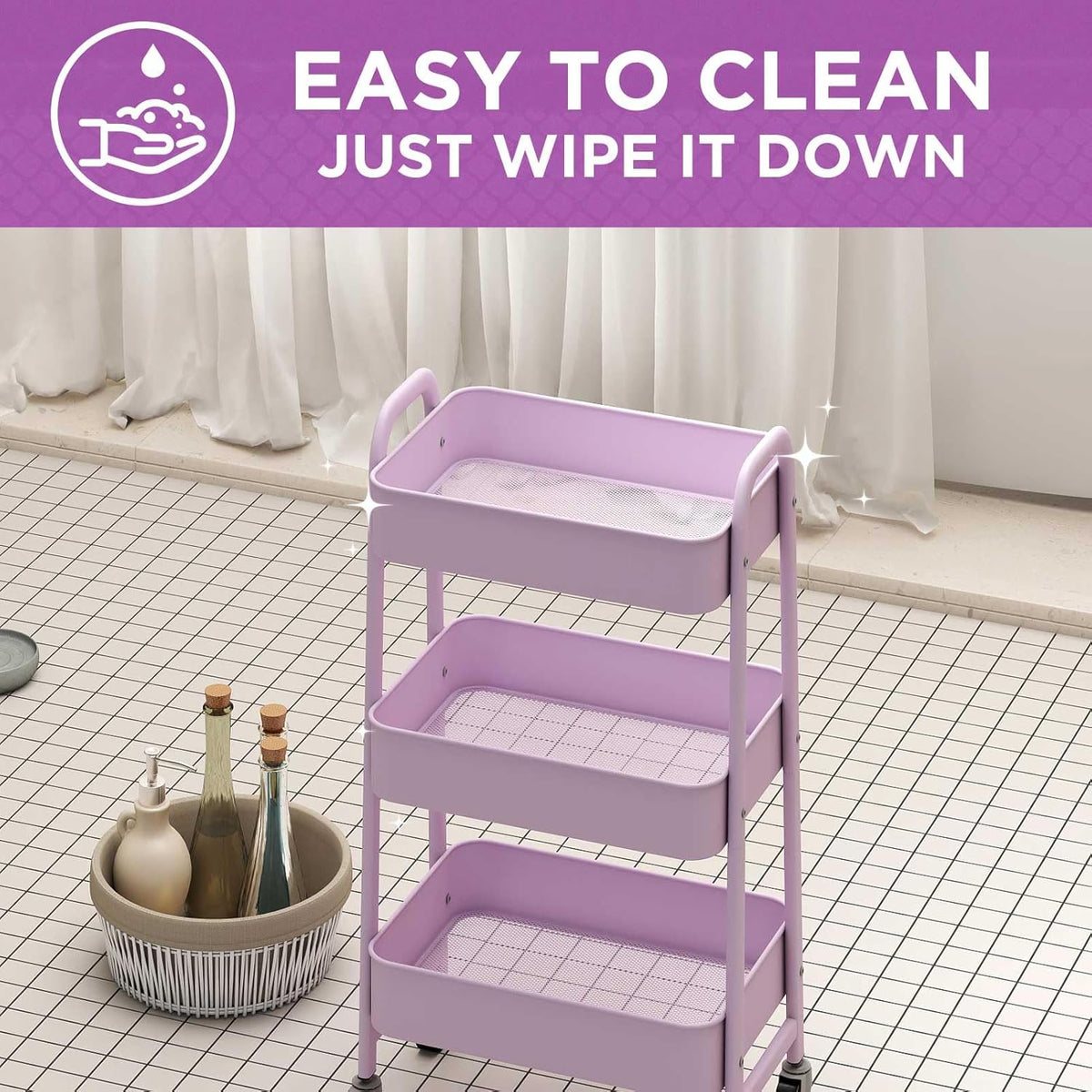 AGTEK Makeup Cart, Movable Rolling Organizer Cart, 3 Tier Metal Utility Cart with Lockable Wheels