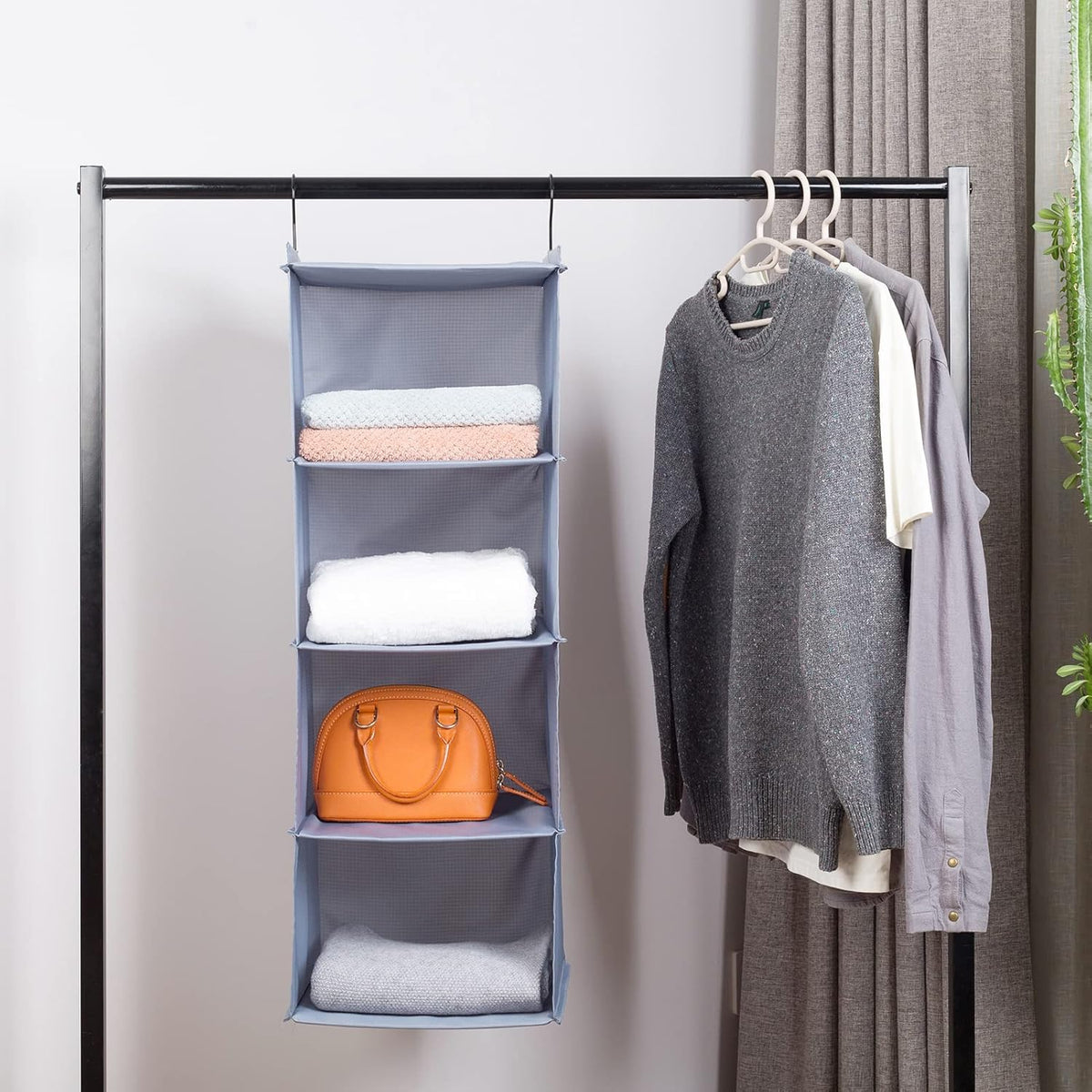 Hanging Closet Organizer, Easy Mount Foldable 4-Shelf Hanging Closet Wardrobe Storage Shelves