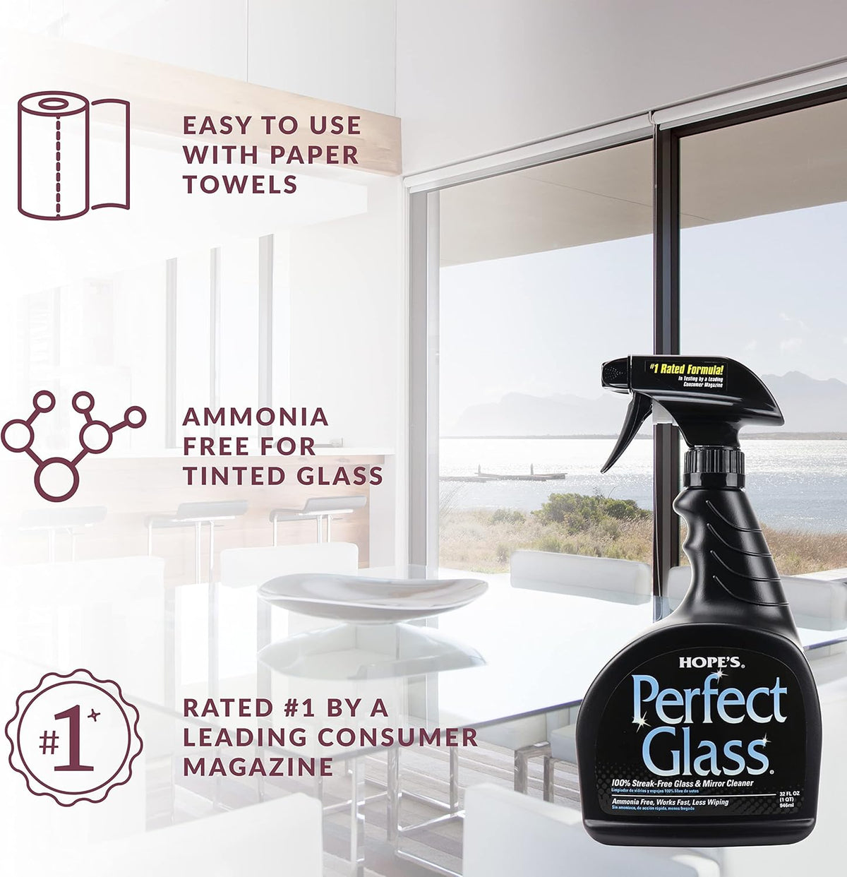 HOPE'S Perfect Glass Cleaner Spray, Streak-Free, Ammonia-Free Window, Mirror, Screen, Tinted Glass