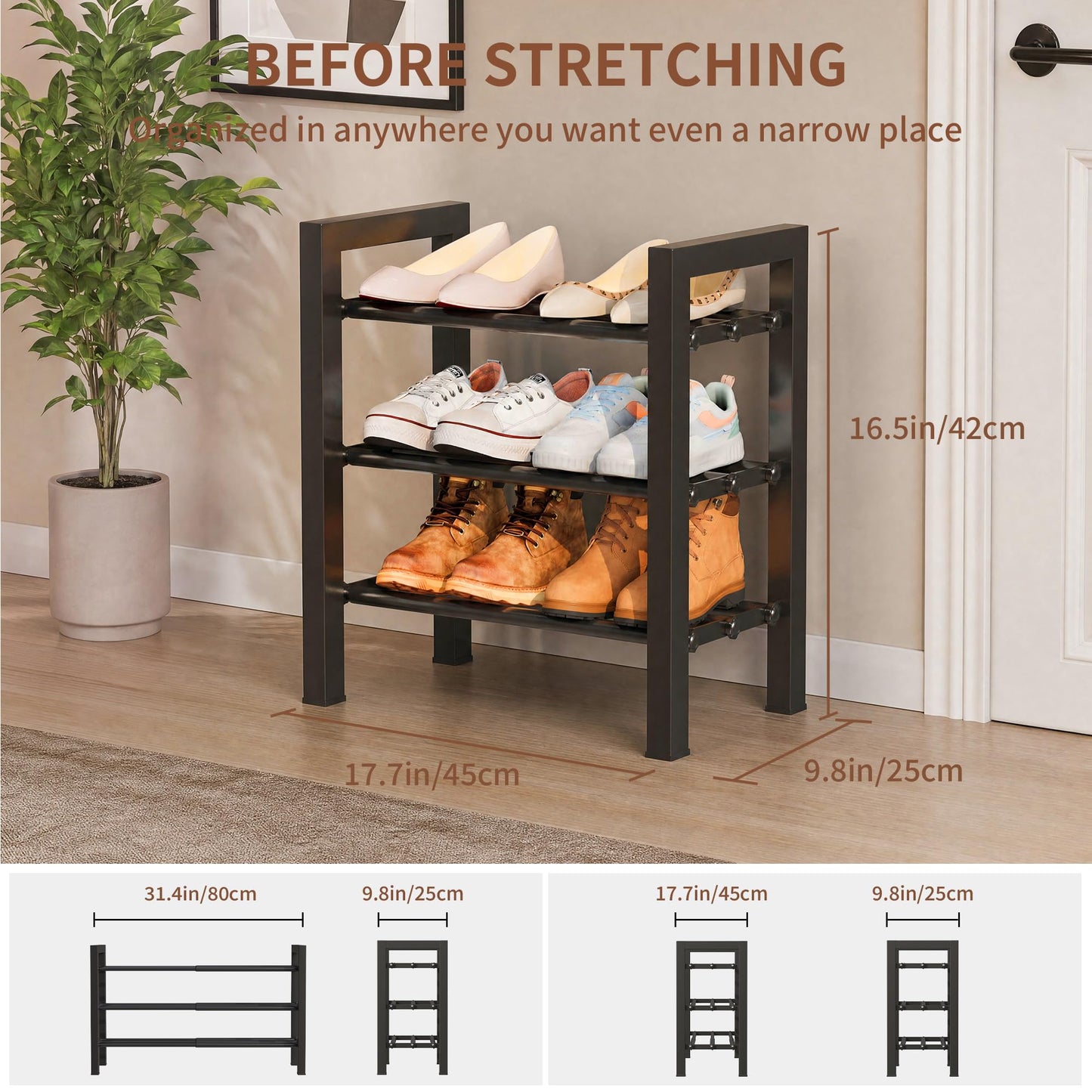 HDDTTZ Upgraded 3-Tier Expandable Shoe Rack, Adjustable Shoe Shelf Storage Organizer Heavy Duty