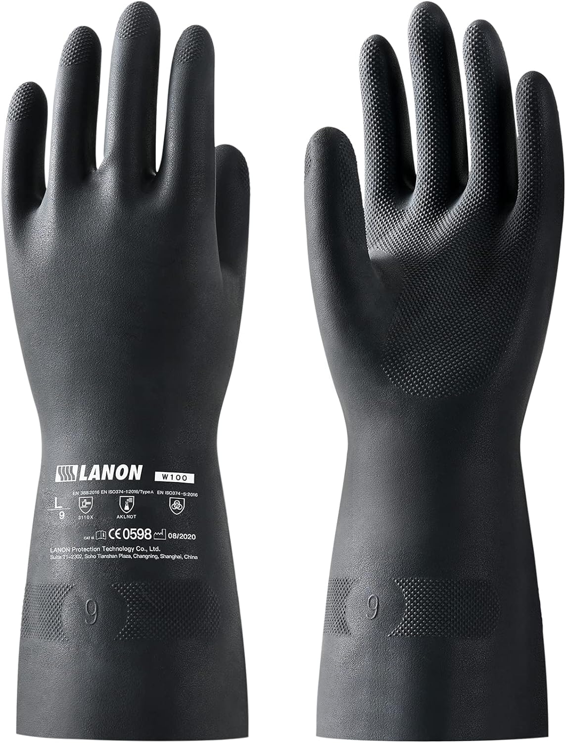 LANON Rubber Chemical Resistant Gloves, Reusable Heavy-duty Safety Work Gloves, Acid & Alkali