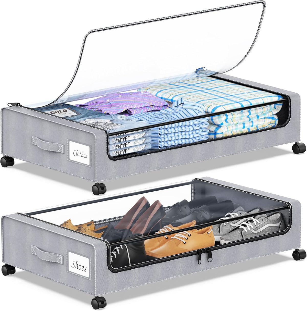 Under Bed Storage with Wheels, 2-Pack Under the Bed Storage Containers with Clear Lids & Label