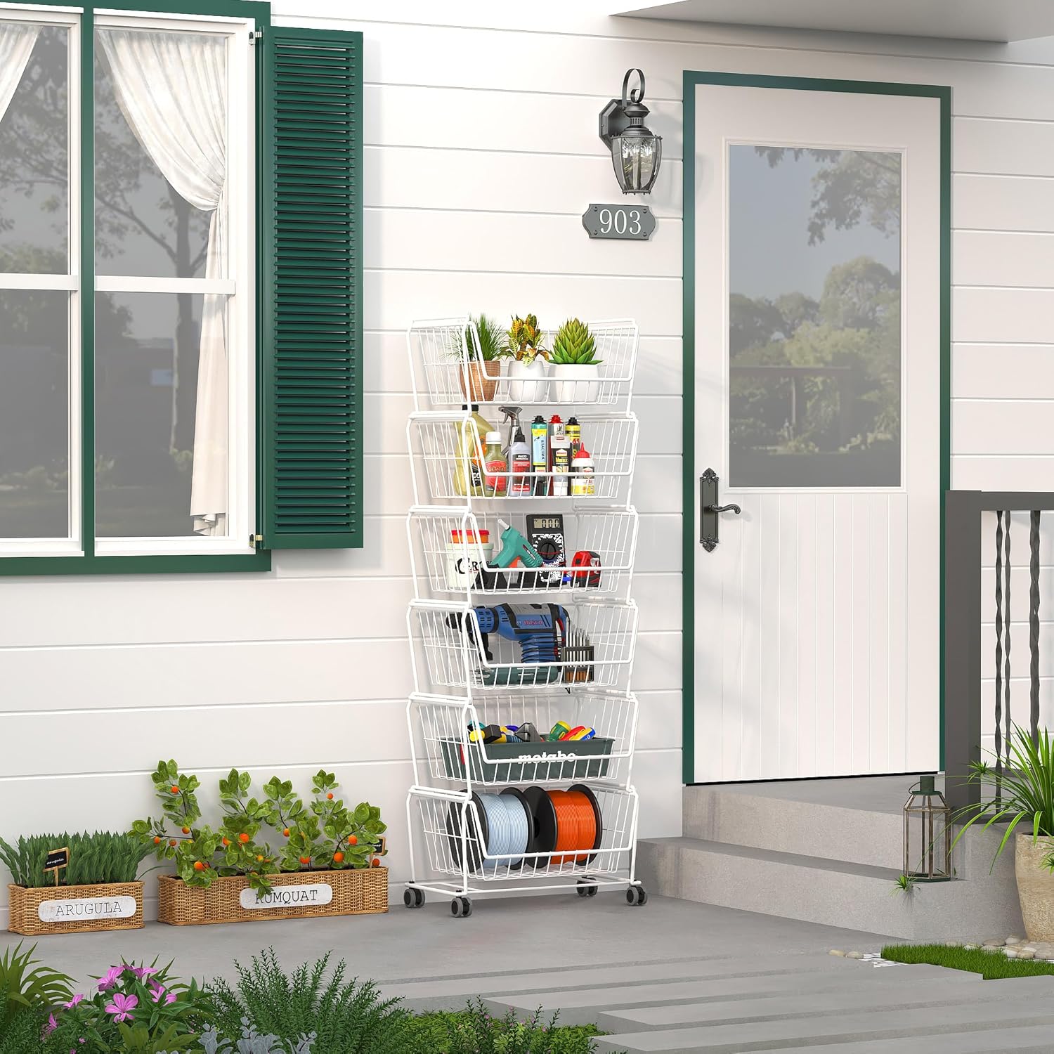 PUSDON Stackable Metal Storage Carts, Dual Use Shelf for Kitchen Fruit Vegetable Baskets with