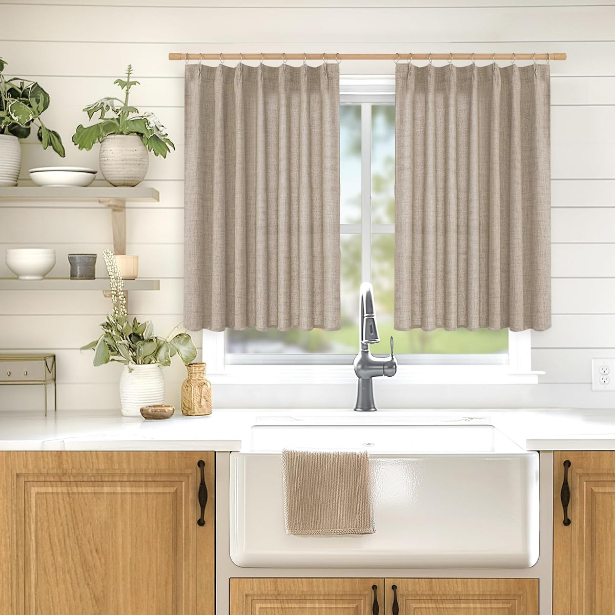 YoungsTex Short Linen Curtains 40 Inch Length for Cafe Window, Small Drapes Light Filtering with
