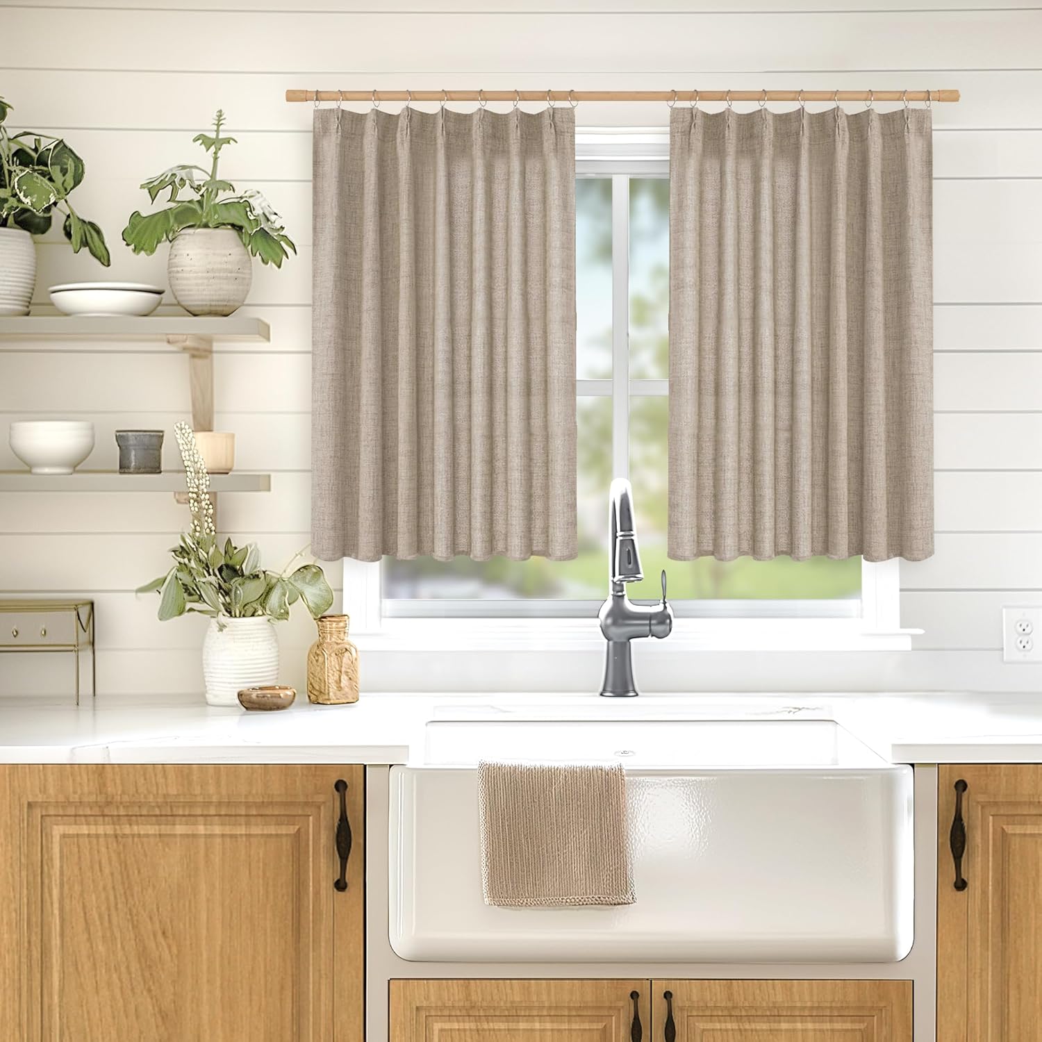 YoungsTex Oatmeal Linen Curtains 36 Inch Length for Short Kitchen Window, Textured Small Drapes