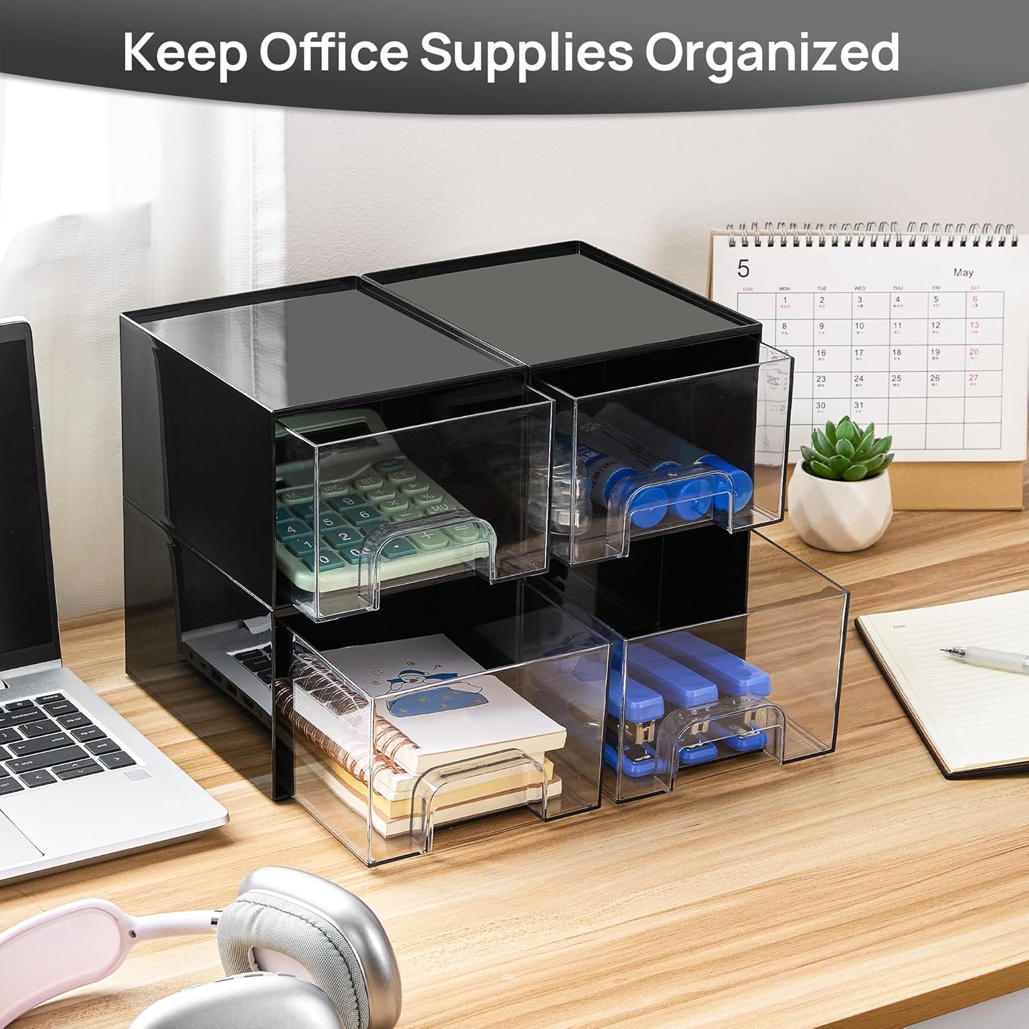 Vtopmart Black Small Stackable Storage Drawers, Cologne Organizer for Men,Plastic Containers for