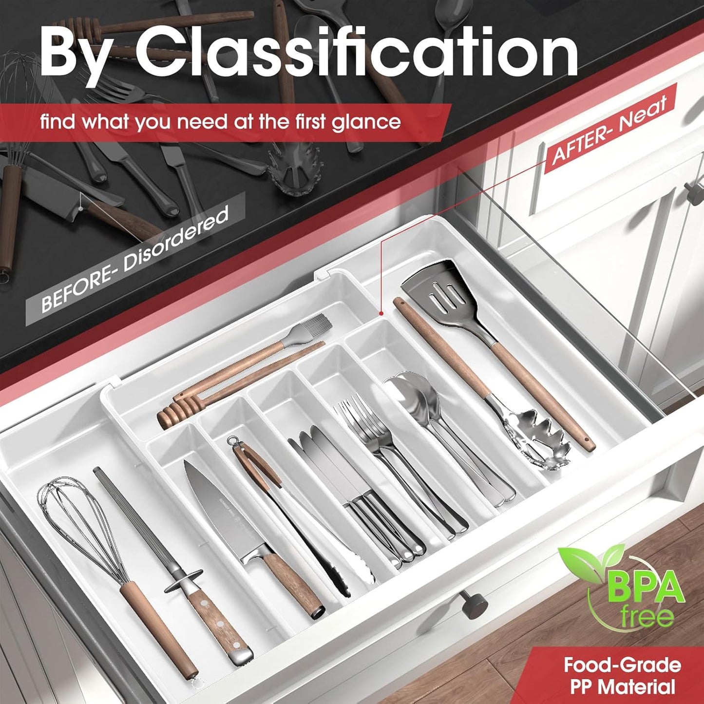 Aujen Silverware Organizer - Expandable Kitchen Drawer Organizer, Adjustable Utensil Organizer